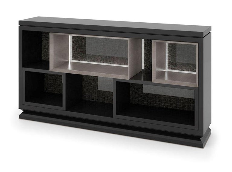 Contemporary Bookshelf Structure  Wood Ebony Veneered Back in Vetrite with Strip Led For Sale