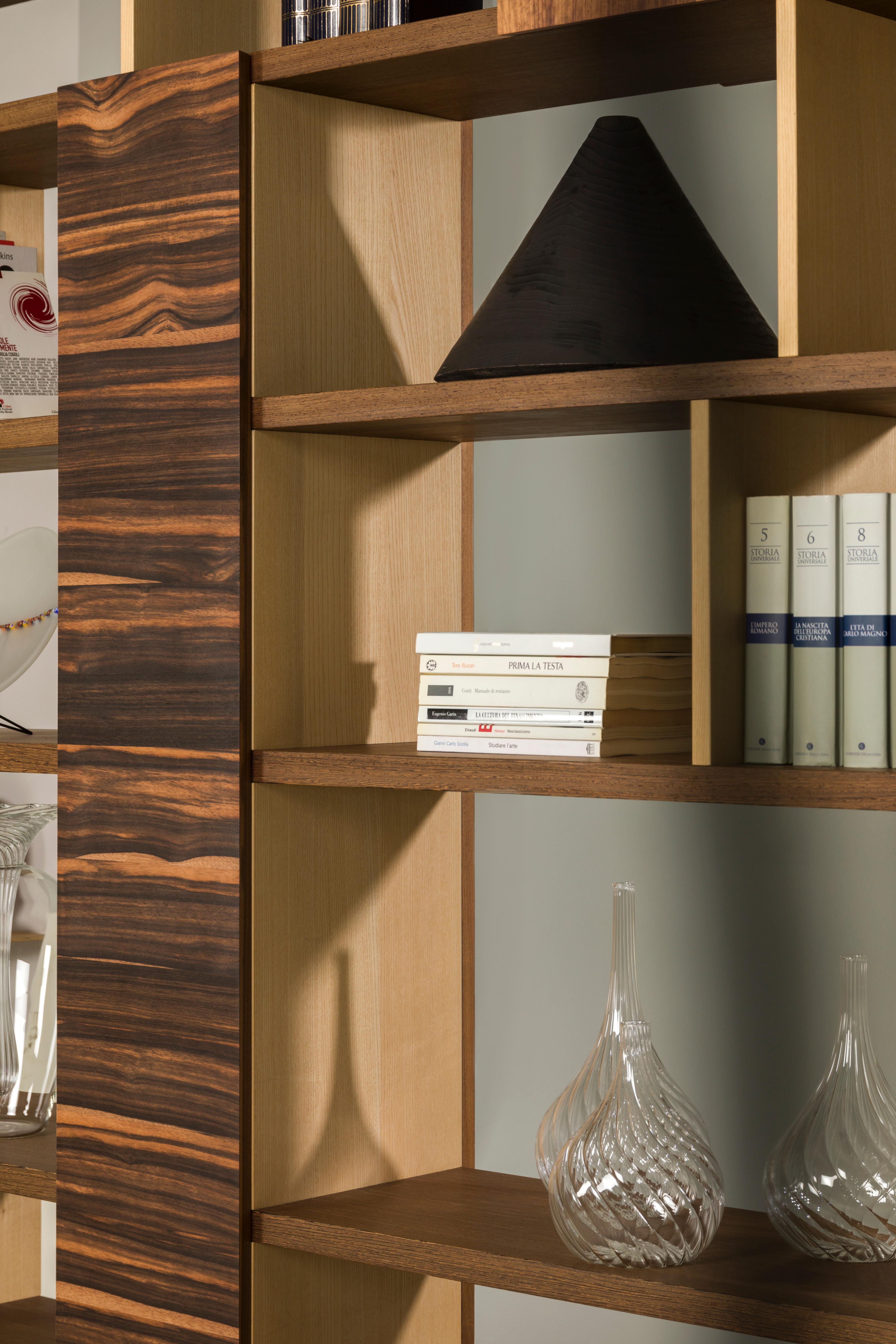 Contemporary Bookshelf with Wood Patchwork on Doors, by Morelato
