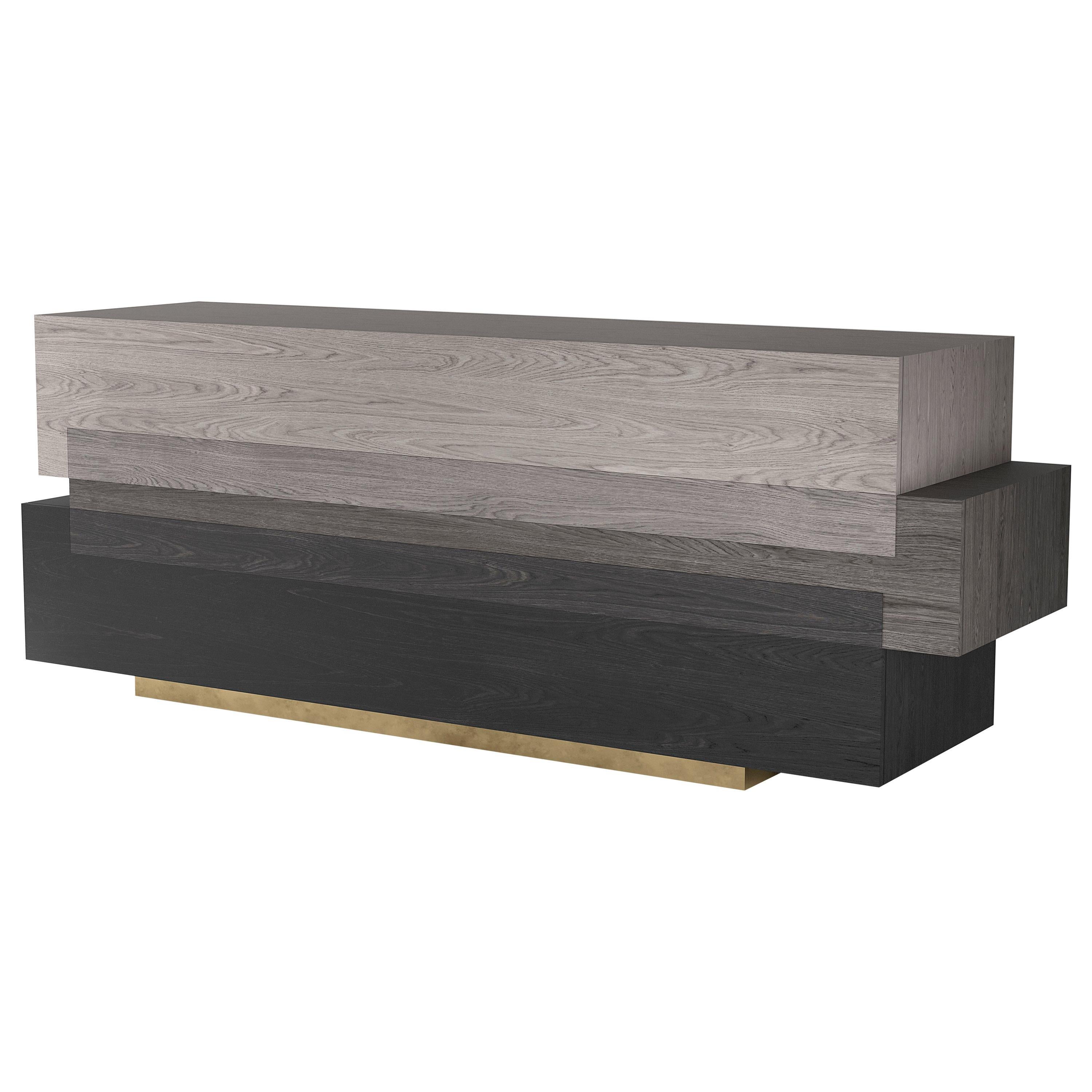 Booleanos Geometric Credenza with Gray Finishing and Brass Baseboard