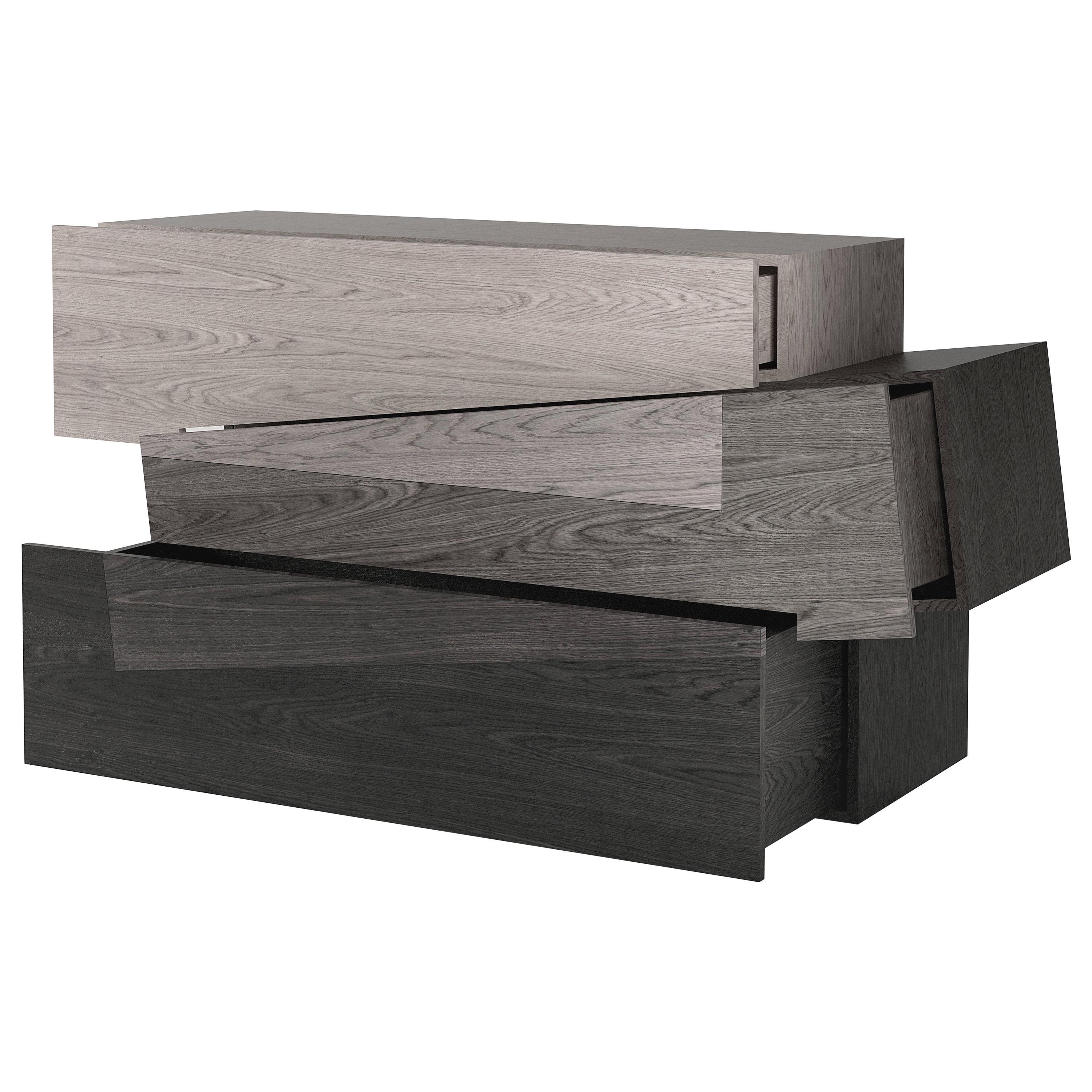 Placage Booleanos Chevet 3 tiroirs, commode en placage de bois foncé, Joel Escalona en vente