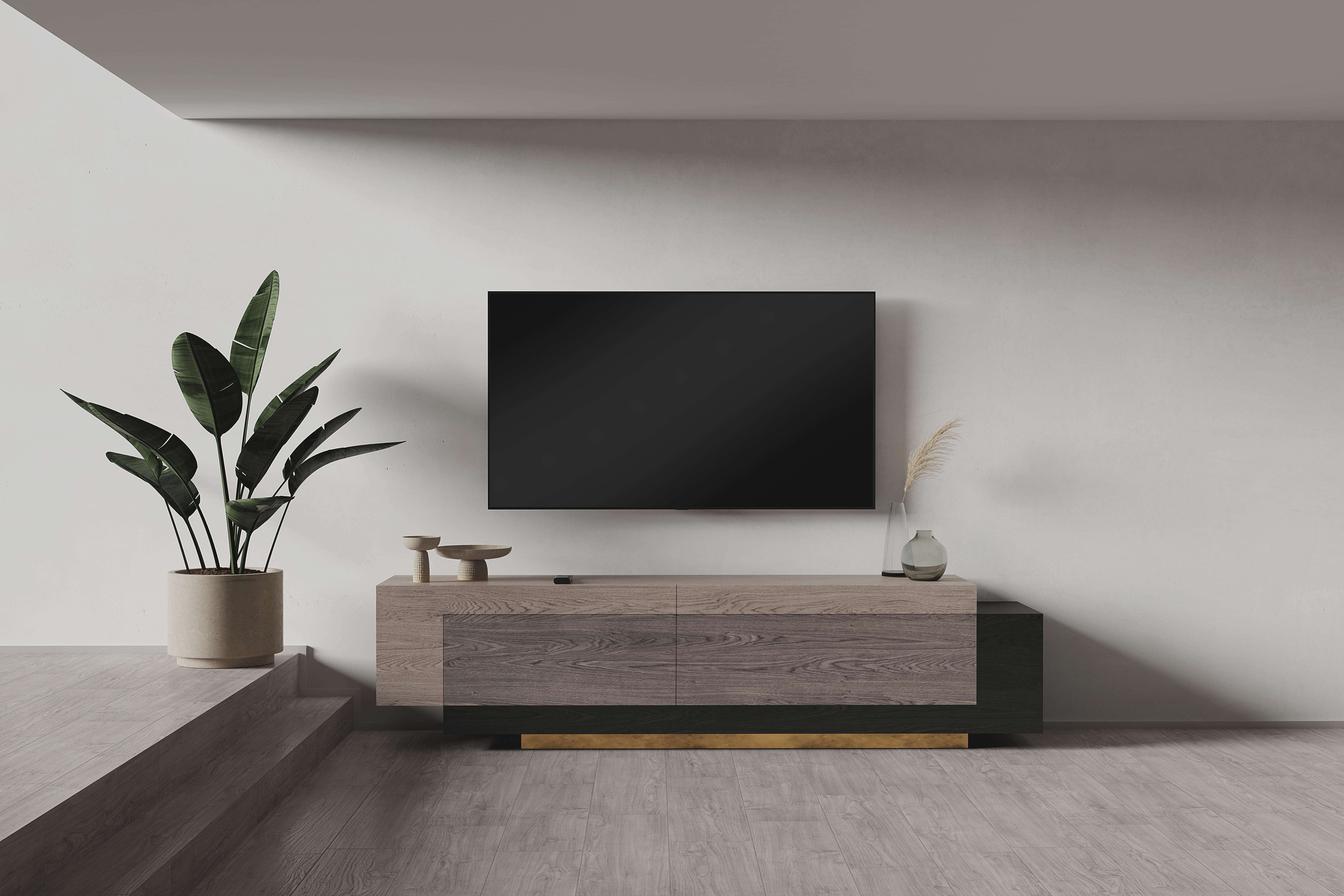 XXIe siècle et contemporain Booleanos Tv Stand, Entertainment Low Console in Dark Wood Veneer, Joel Escalona en vente