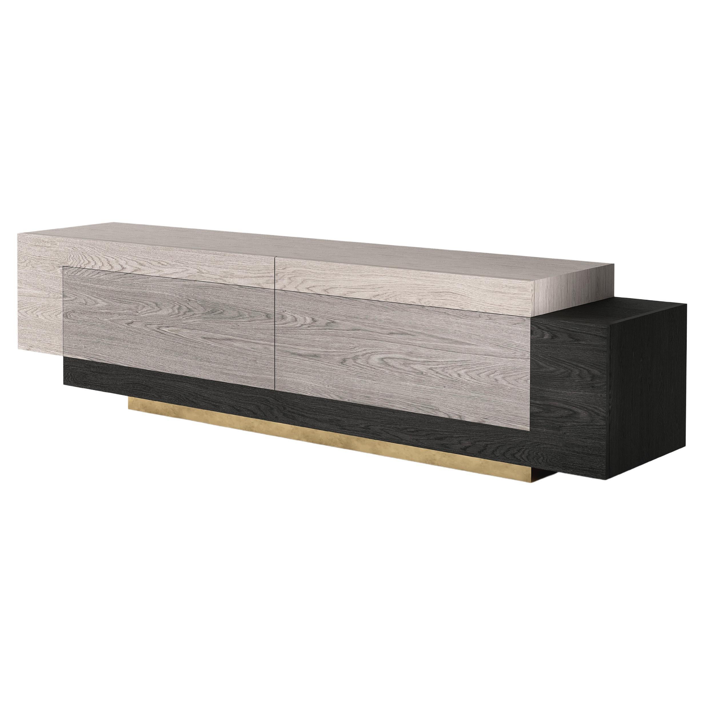 Booleanos Tv Stand, Entertainment Low Console in Dark Wood Veneer, Joel Escalona For Sale