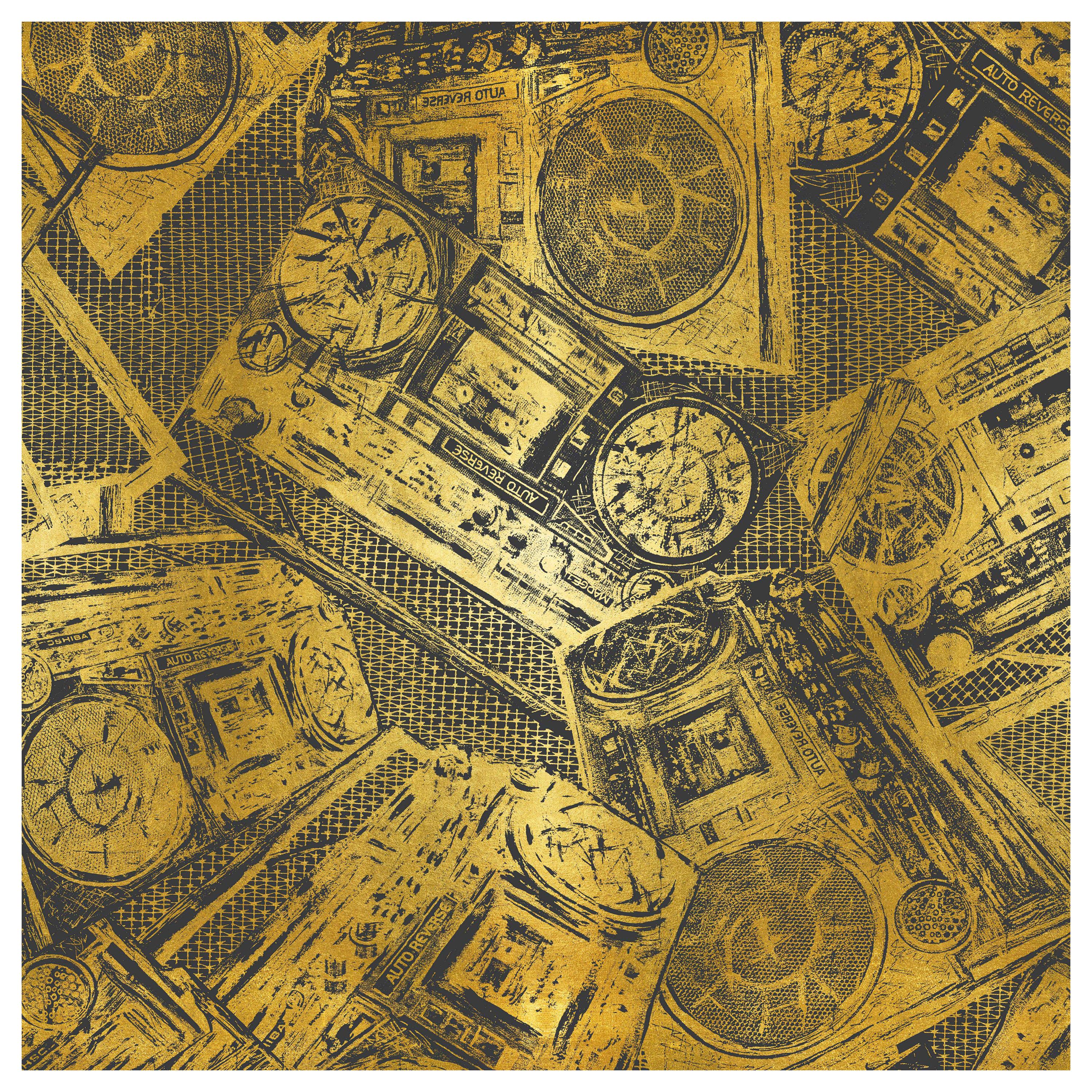 Boom Box, Gold on Eclipse Colorway, on Smooth Wallpaper For Sale