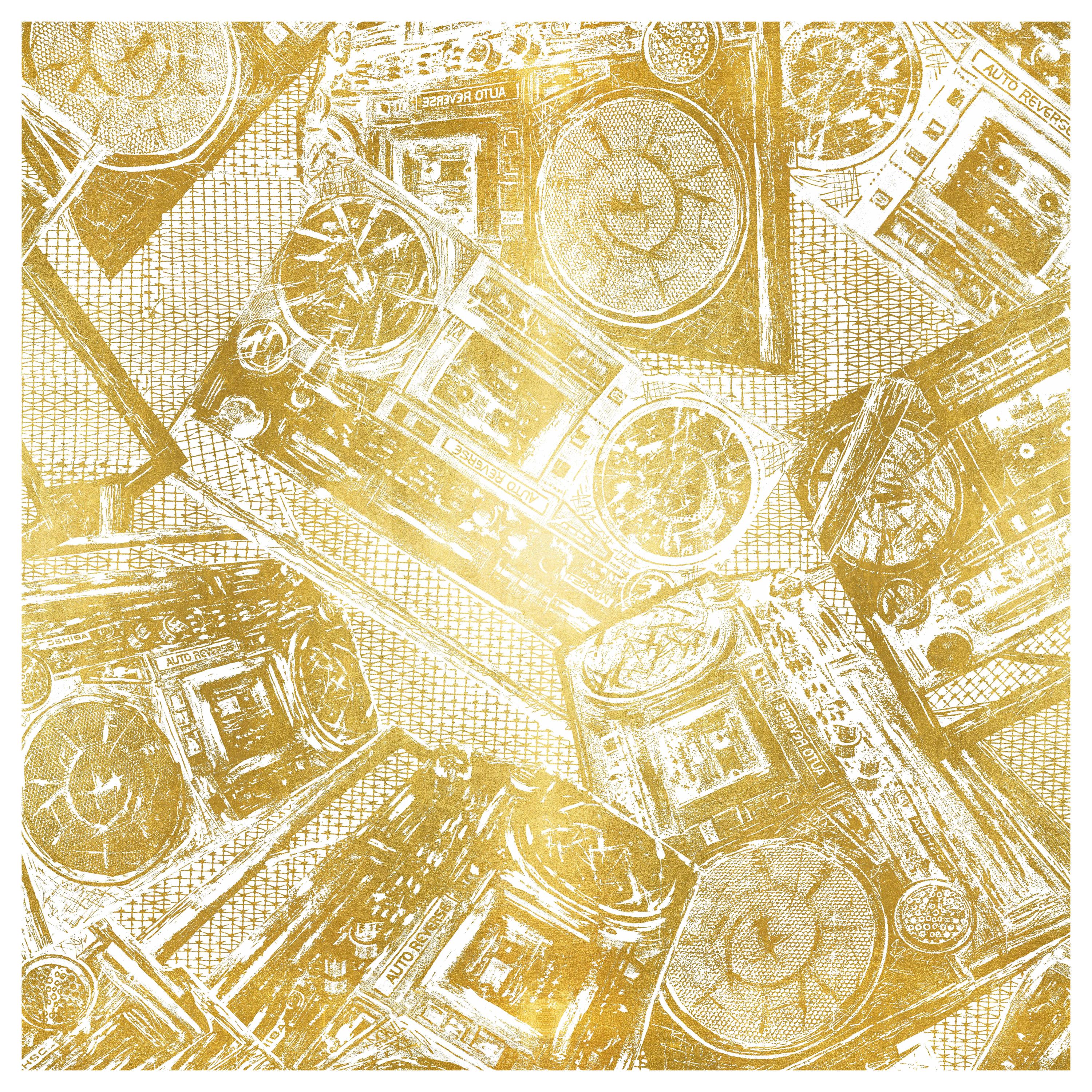 Boom Box, Gold on White Colorway, on Smooth Wallpaper For Sale