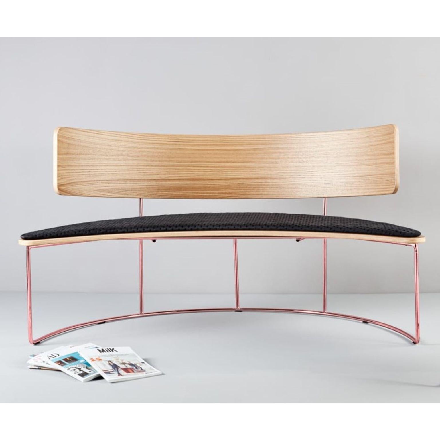 Boomerang bench - black by Cardeoli 
Dimensions: W 152, D 72, H 79, seat 43
Materials: Paint coated iron structure / gold / copper or chromed iron structure
Plywood backrest and seat covered with a natural oak wood layer
Upholstered seat