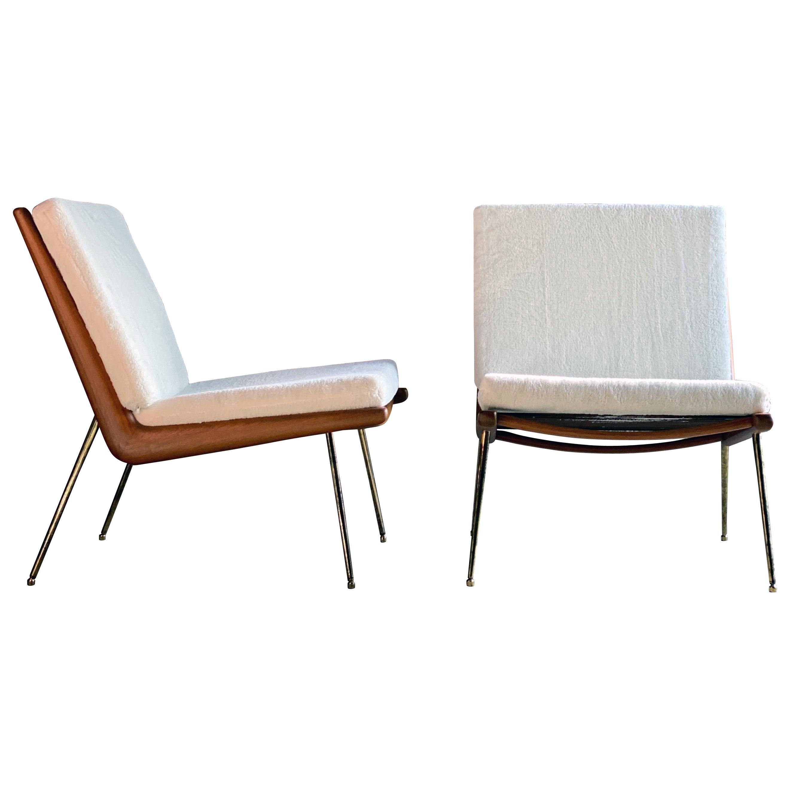 Boomerang chairs France & Son Pair of Peter Hvidt & Orla Mølgaard Nielsen, 1950s

A pair of Boomerang chairs by Peter Hvidt and Orla Mølgaard Nielsen manufactured by France & Son, Denmark, the teak frames sit on brass-plated legs with sabots, The