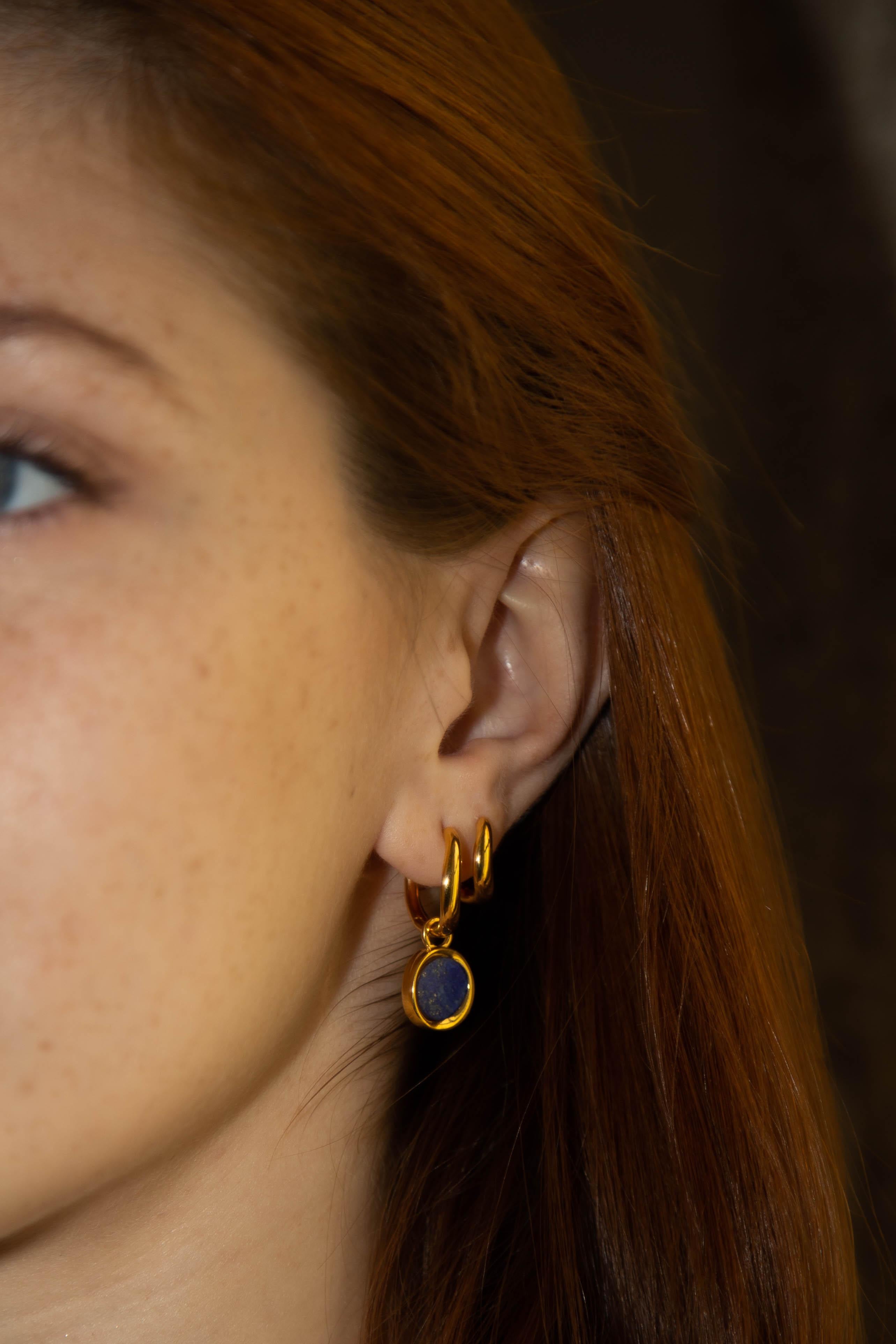 Portrait Cut Boomerang Hoops 18k Solid Gold with Lapis Lazuli on Both Hoops For Sale