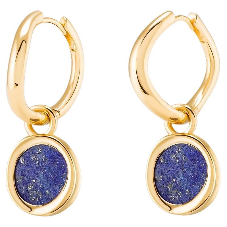 Boomerang Hoops 18k Solid Gold with Lapis Lazuli on Both Hoops For Sale