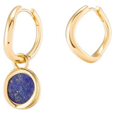 Boomerang Hoops 18k Solid Gold with Lapis Lazuli on One Hoop For Sale