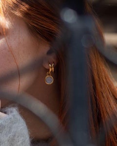 Boomerang Hoops 18k Solid Gold with Moonstone on One Hoop