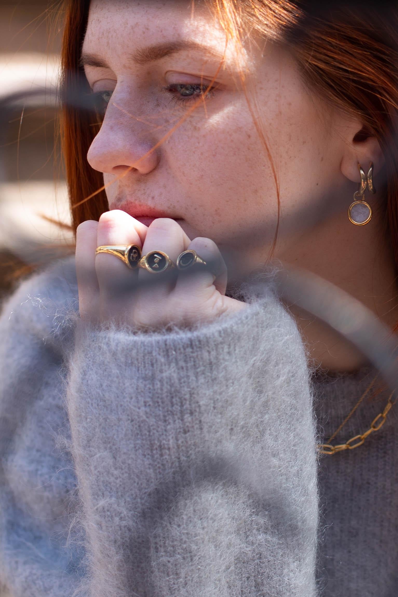 Portrait Cut Boomerang Hoops 18k Solid Gold with Moonstone on One Hoop For Sale