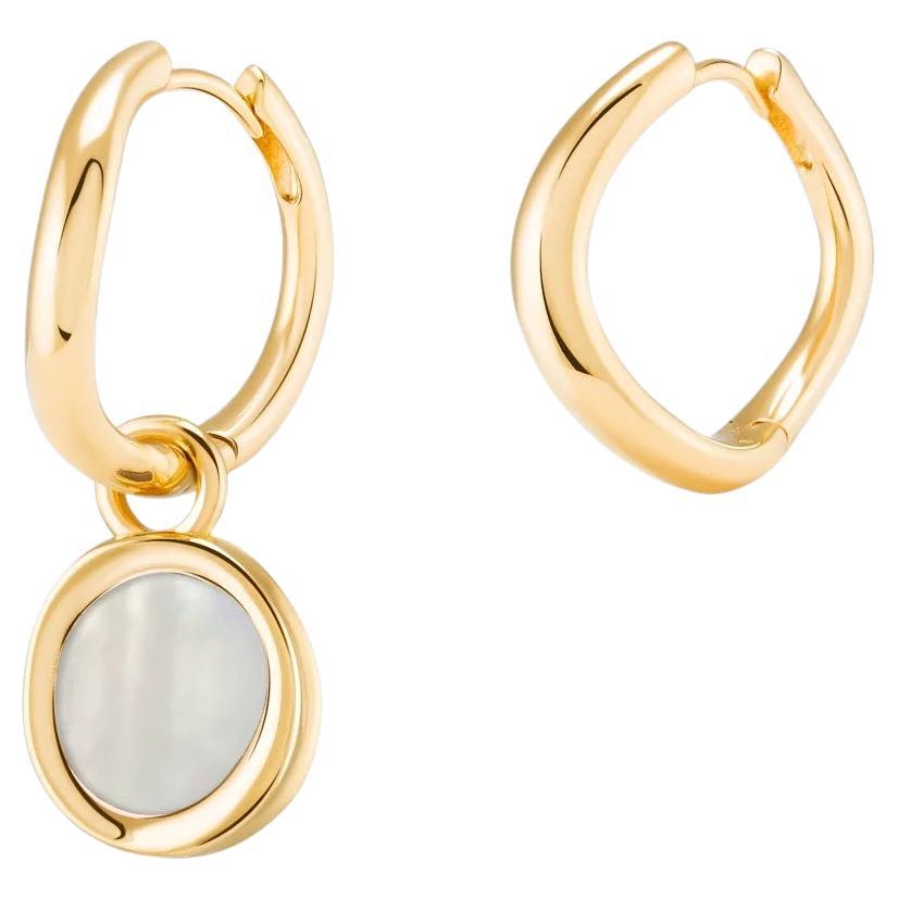 Boomerang Hoops 18k Solid Gold with Moonstone on One Hoop For Sale