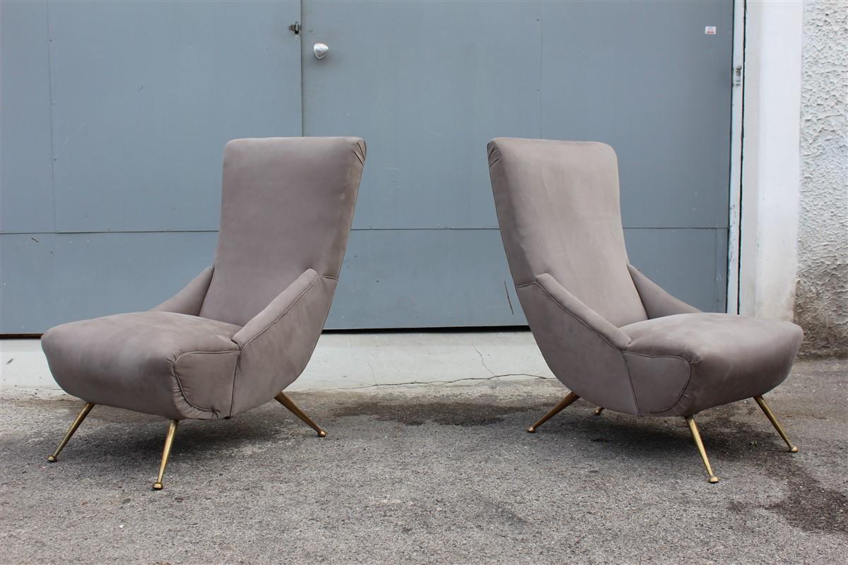 Small boomerang pair of armchairs Italian midcentury design 1950 brass grey cotton.