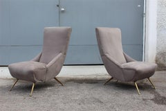 Boomerang Pair of Armchairs Italian Midcentury Design 1950 Brass Grey Cotton