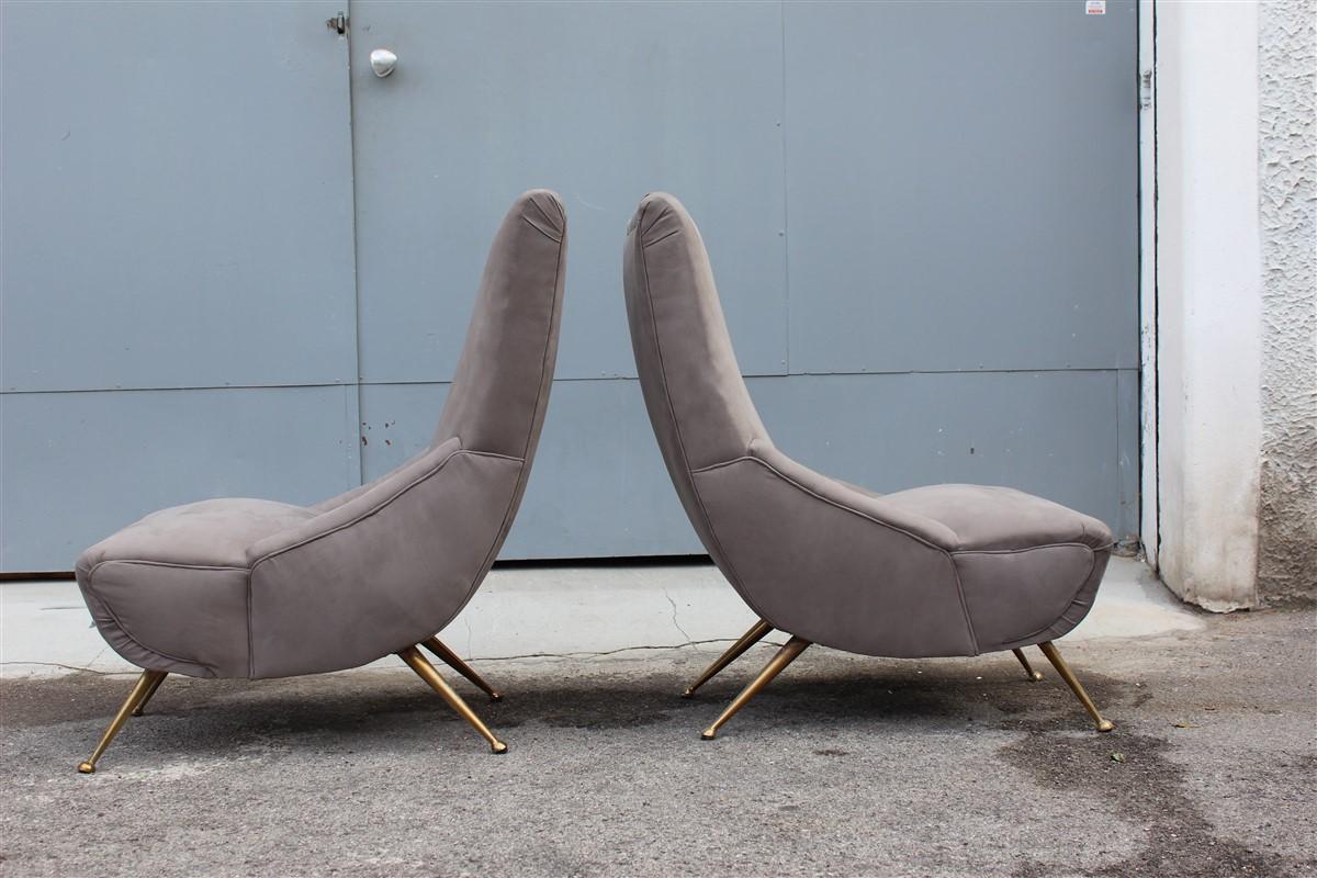 Mid-20th Century Boomerang Pair of Armchairs Italian Midcentury Design 1950 Brass Grey Cotton For Sale