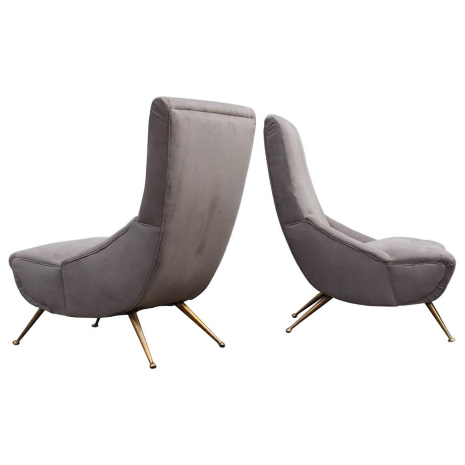 Paire de fauteuils Boomerang Design Midcentury italien 1950 Laiton Gris Coton