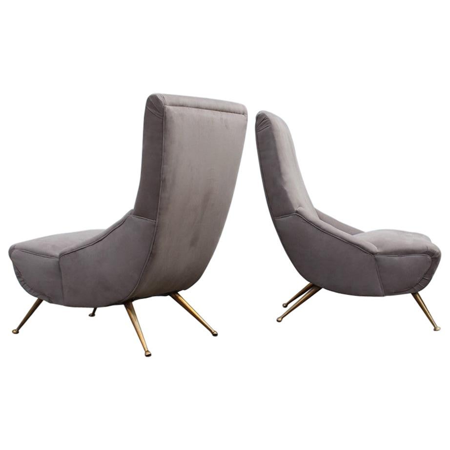 Boomerang Pair of Armchairs Italian Midcentury Design 1950 Brass Grey Cotton For Sale