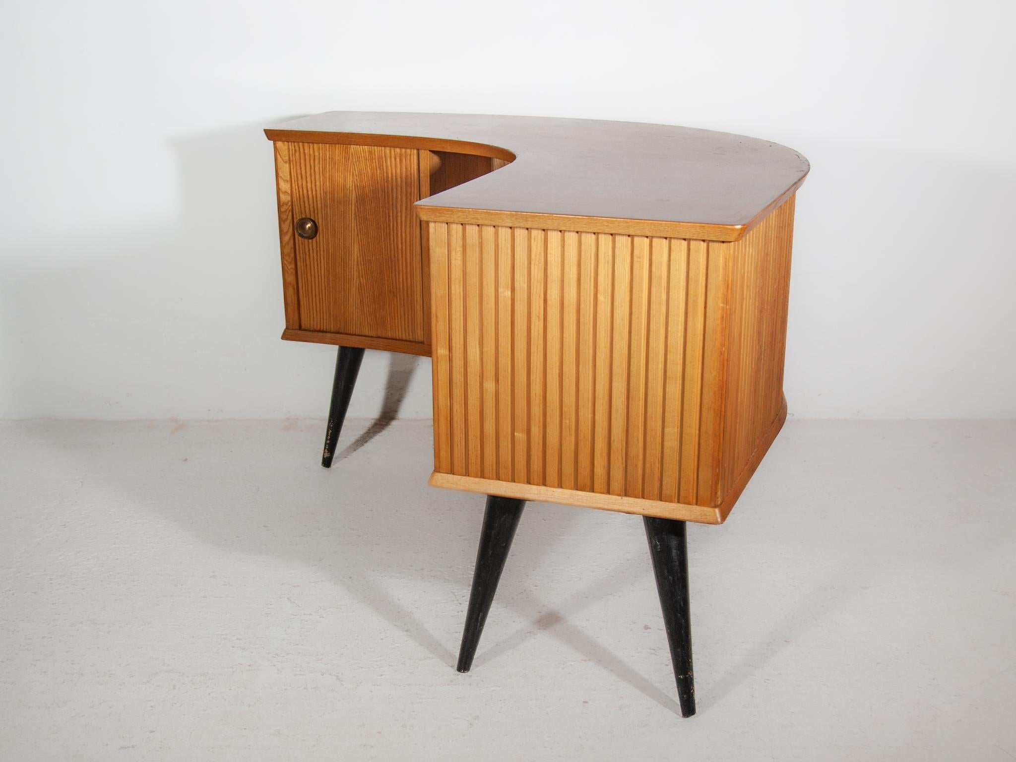 Oak Boomerang Shaped Desk, Shop Counter, 1950s by Alfred Hendrickx For Sale