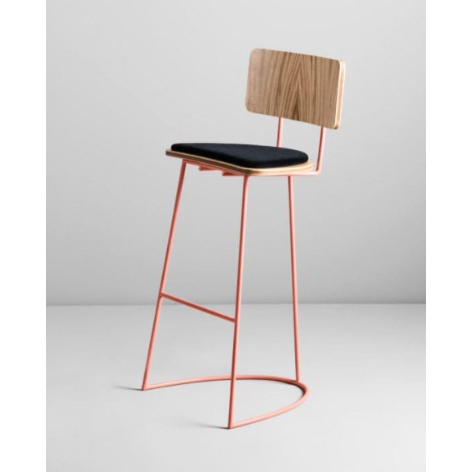 Boomerang stool with backrest & copper finishings by Pepe Albargues
Dimensions: W 47, D 48, H 108, Seat 79
Materials: Paint coated iron structure (copper /chromed / gold iron structure) 
Plywood backrest and seat covered with a natural oak wood