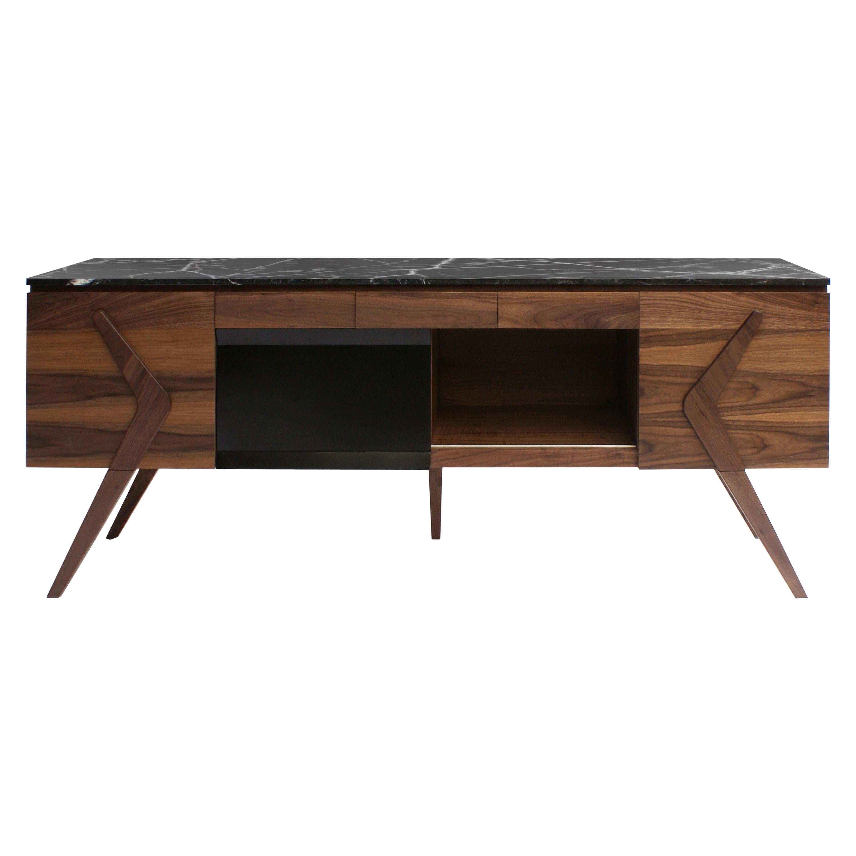 Boomerang, Walnut Credenza, Console, Dresser or Cabinet with Marble Top