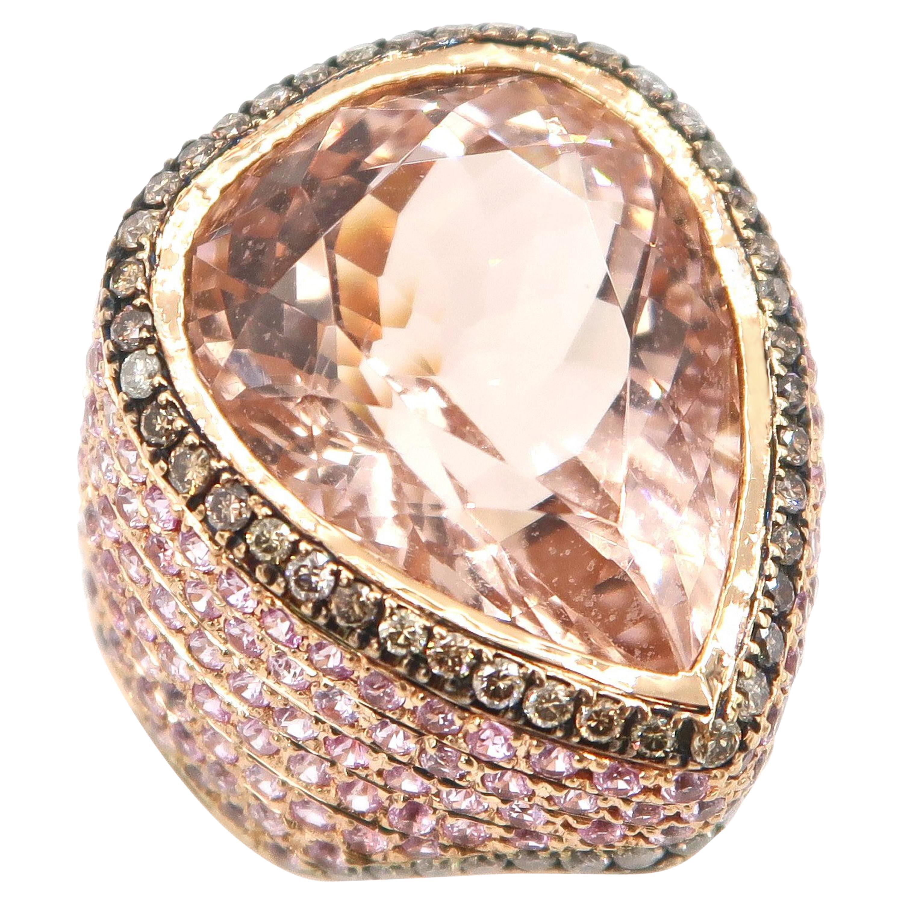 BOON 17.12 Carat Pear Shape Morganite Champagne Diamond Pink Sapphire Gold Ring For Sale