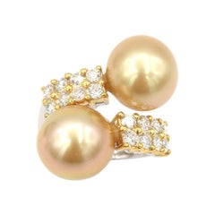 Boon 2-Rows Diamonds Gold South Sea Pearl Set of Ring & Earrings in 18k Gold