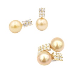 Boon 2-Rows Diamonds Gold South Sea Pearl Set of Ring & Earrings in 18k Gold
