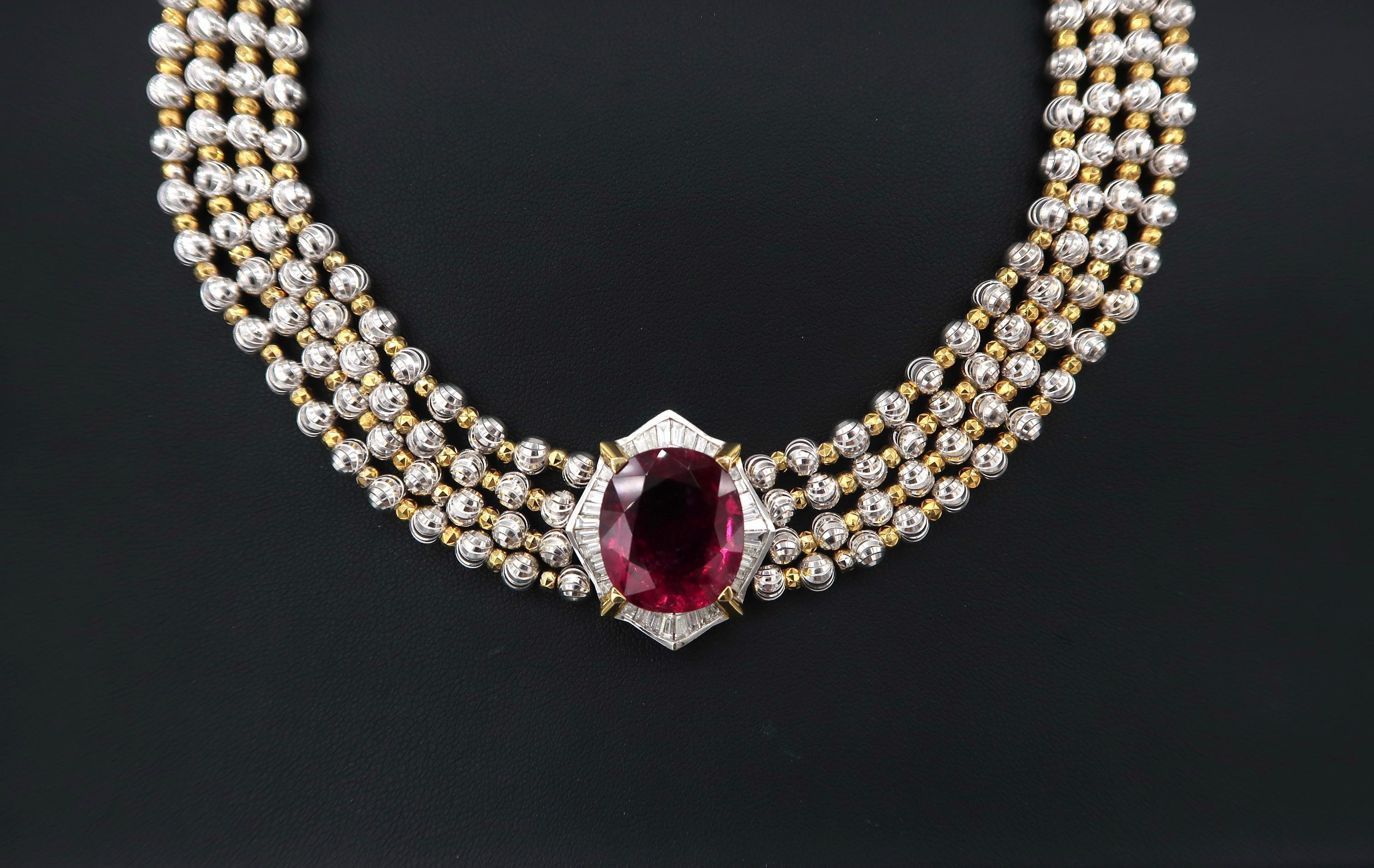 BOON 25 Carat Rubelite Baguette Diamond 18k White & Yellow Gold Choker Necklace In New Condition For Sale In Bangkok, TH