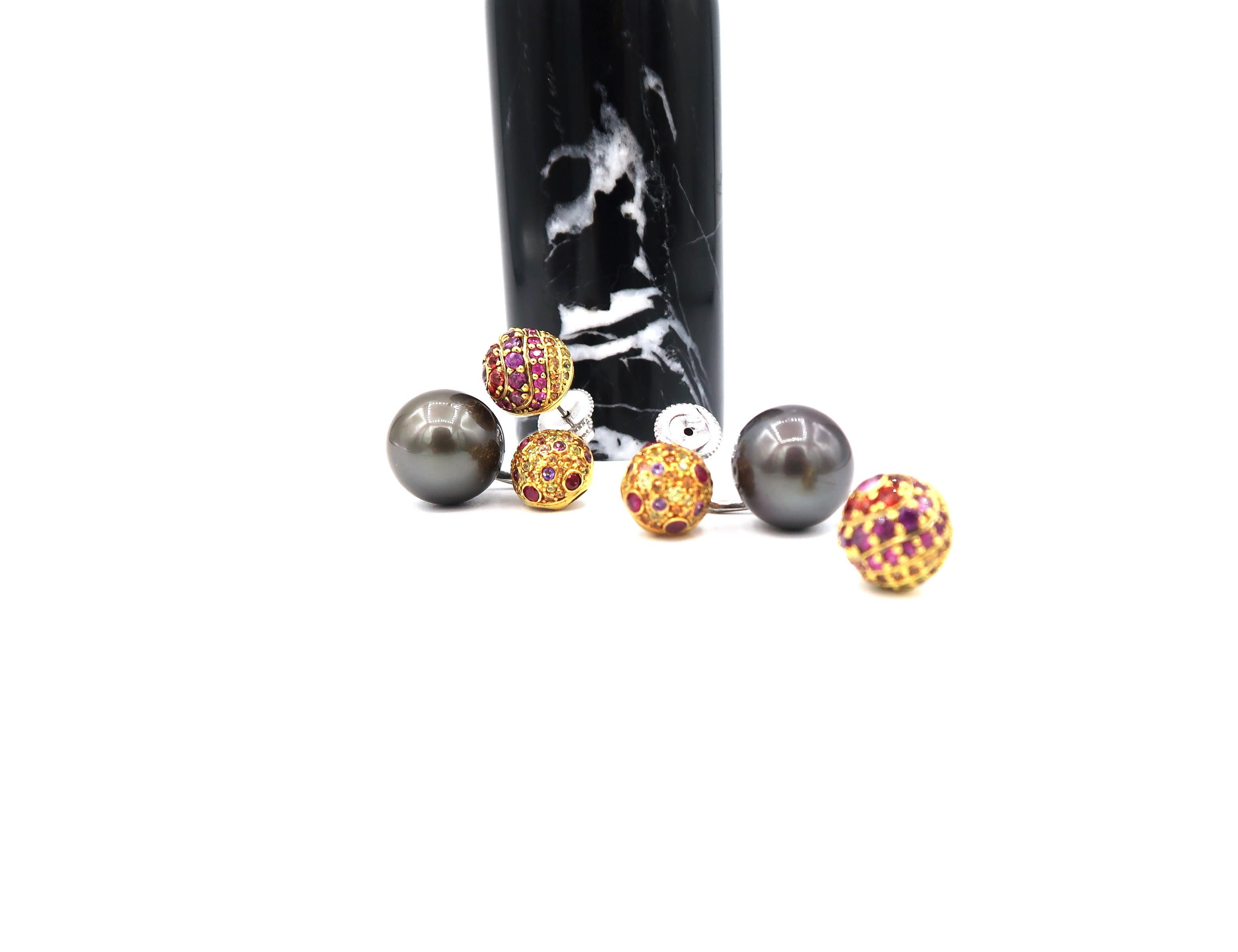 Contemporary Atomic Ball Coloured Stone Tahitian Pearl Front and Back Gold Earrings For Sale