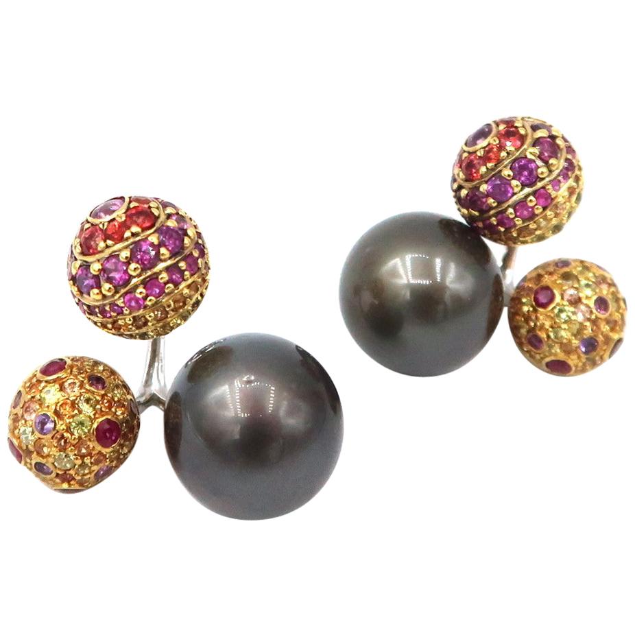 Atomic Ball Coloured Stone Tahitian Pearl Front and Back Gold Earrings For Sale