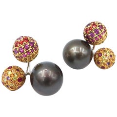 Atomic Ball Coloured Stone Tahitian Pearl Front and Back Gold Earrings