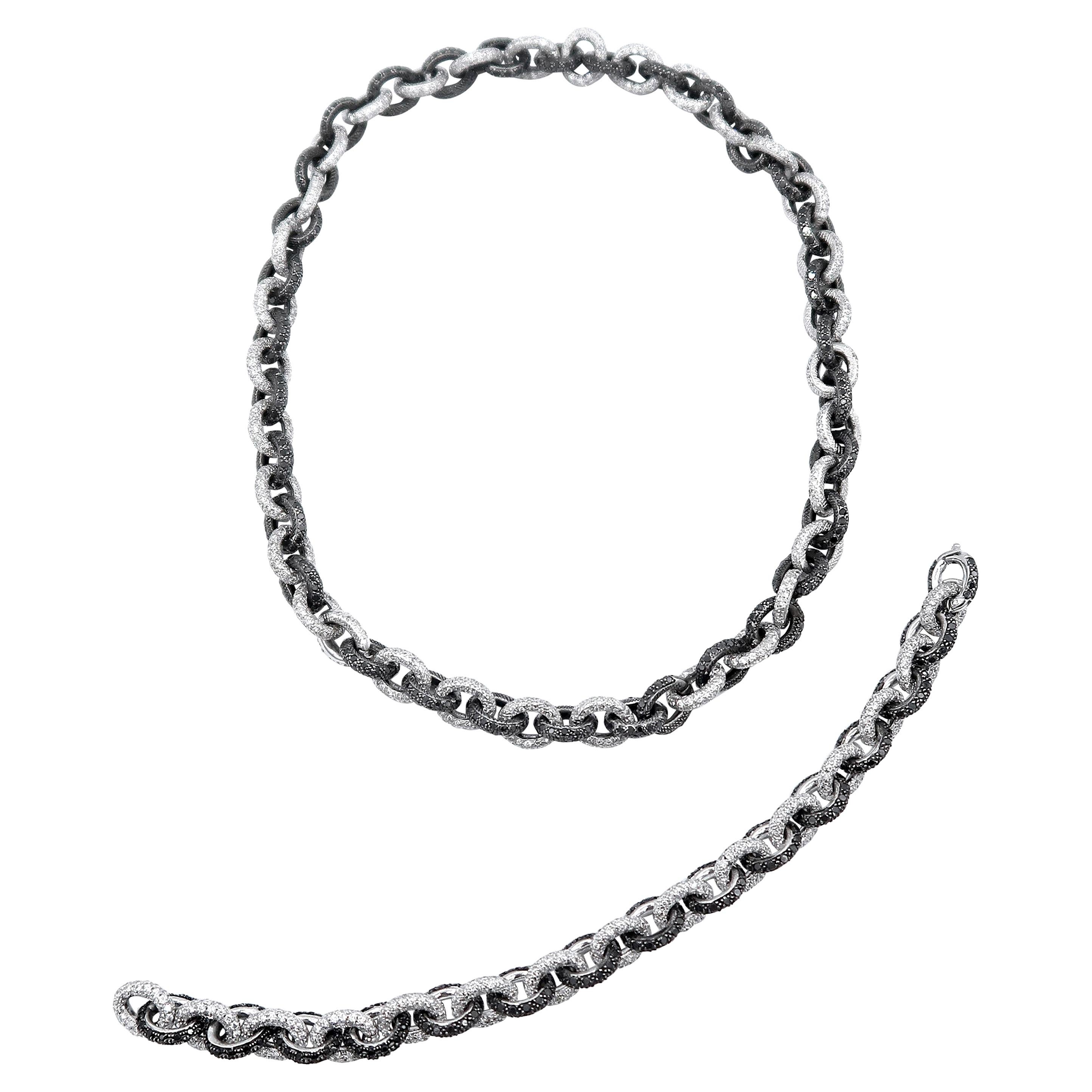 Boon Black White Diamond Pavé Link Chain Bracelet and Chain Necklace 18k Gold For Sale