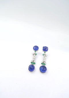 Cabochon Tanzanite Drop Gold Earrings Emerald Diamonds Butterfly Backs