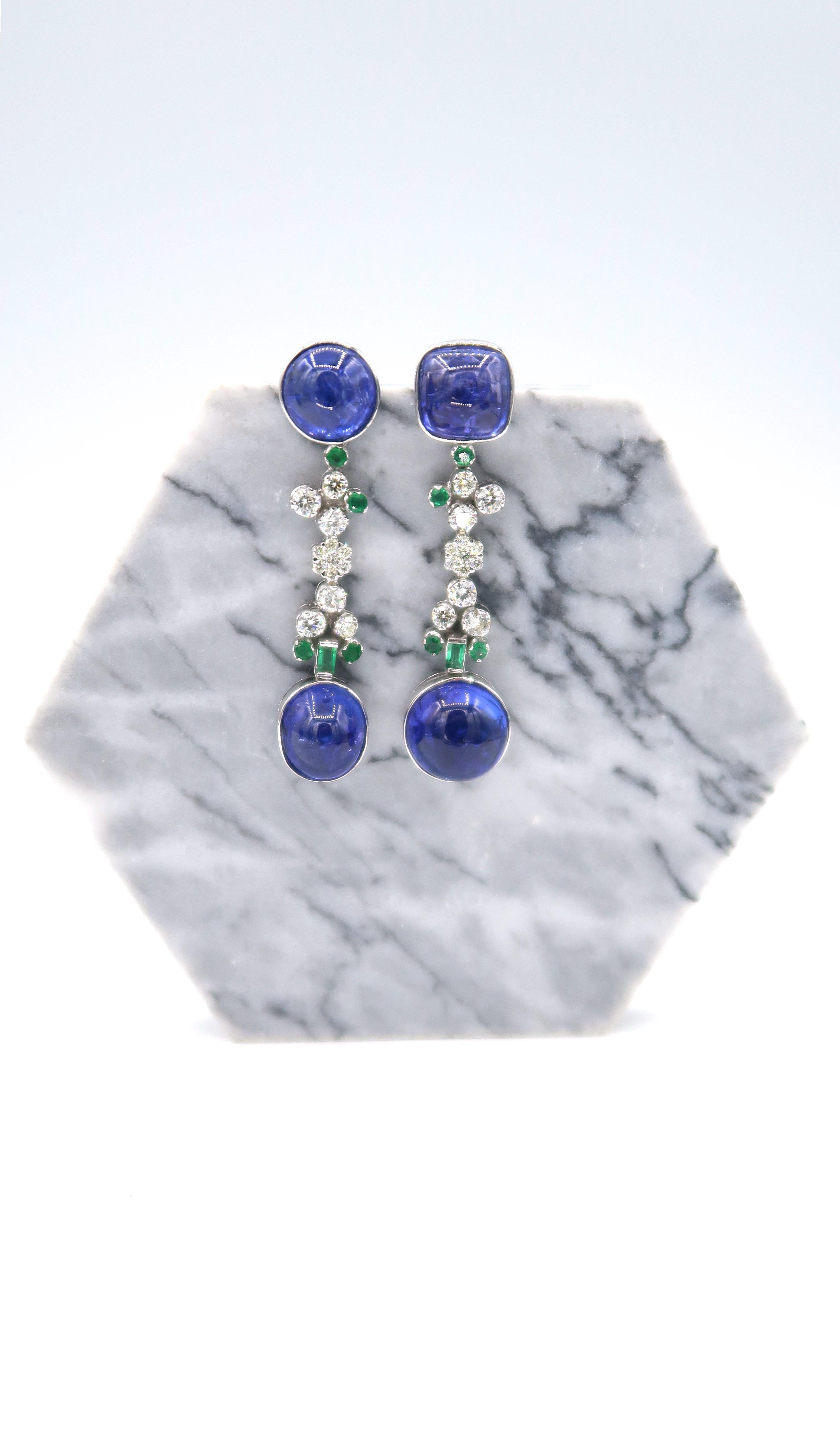 Contemporary Cabochon Tanzanite Drop Gold Earrings Emerald Diamonds Butterfly Backs
