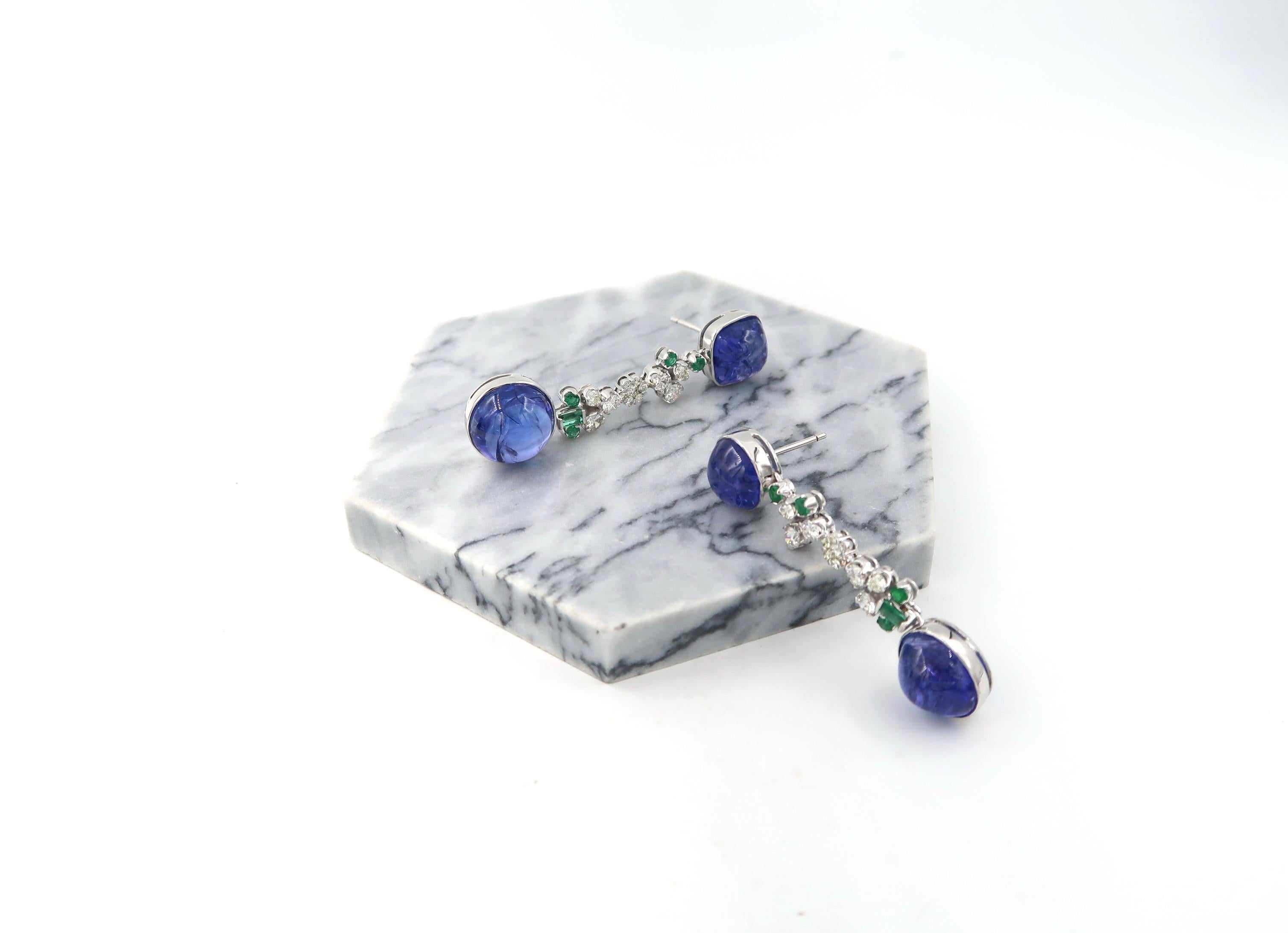 Cabochon Tanzanite Drop Gold Earrings Emerald Diamonds Butterfly Backs In New Condition In Bangkok, TH