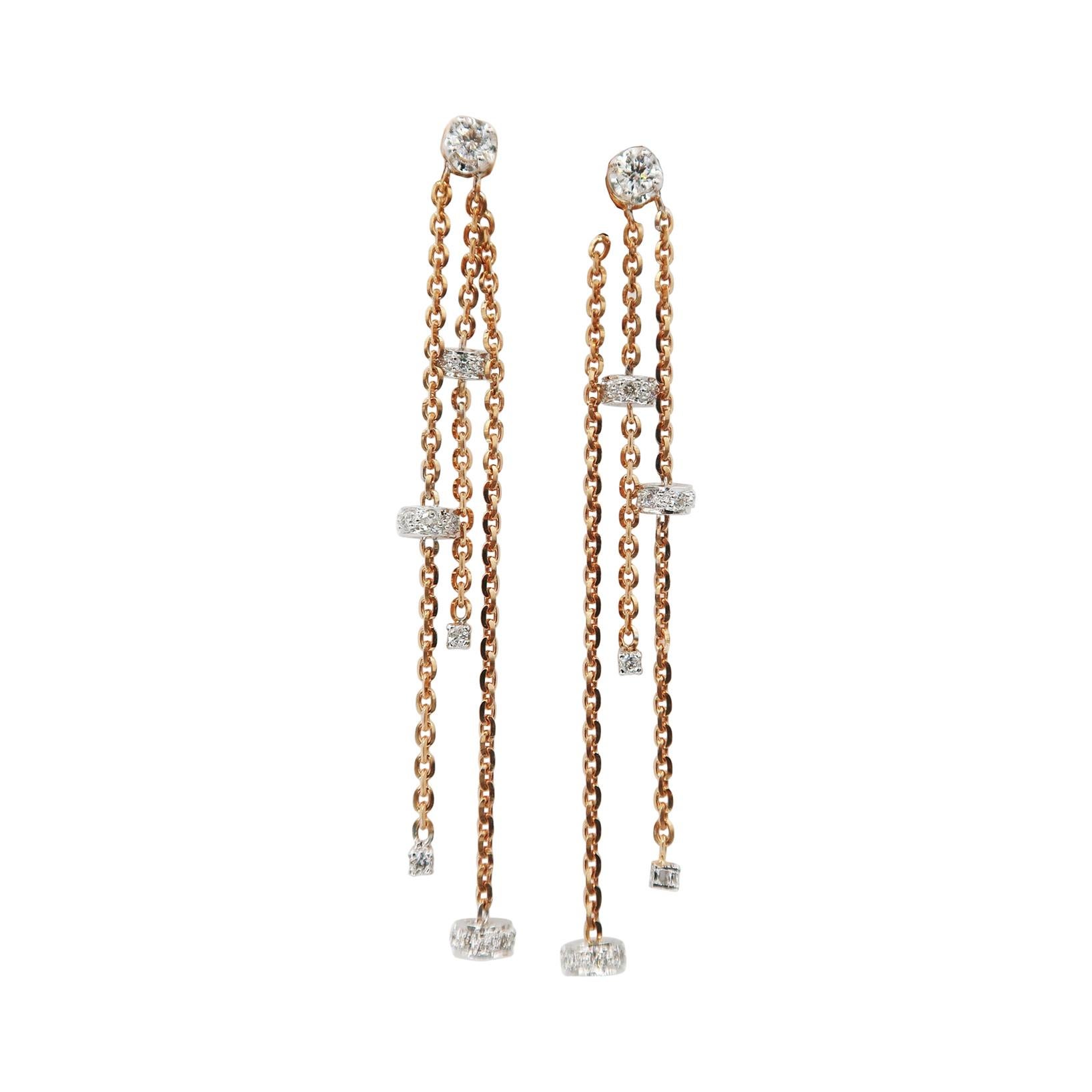 Boon Dangle Chain Diamond Front Back Earrings in 18k Rose and White Gold For Sale