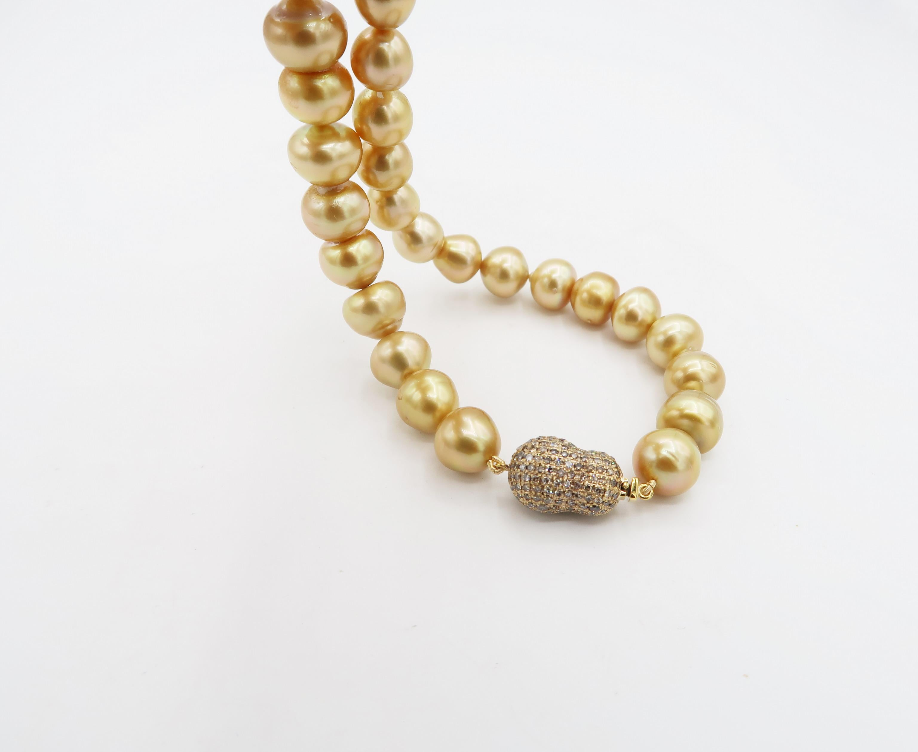 Contemporary Deep Gold South Sea Pearl Necklace and Champagne Diamond Peanut Gold Clasp For Sale