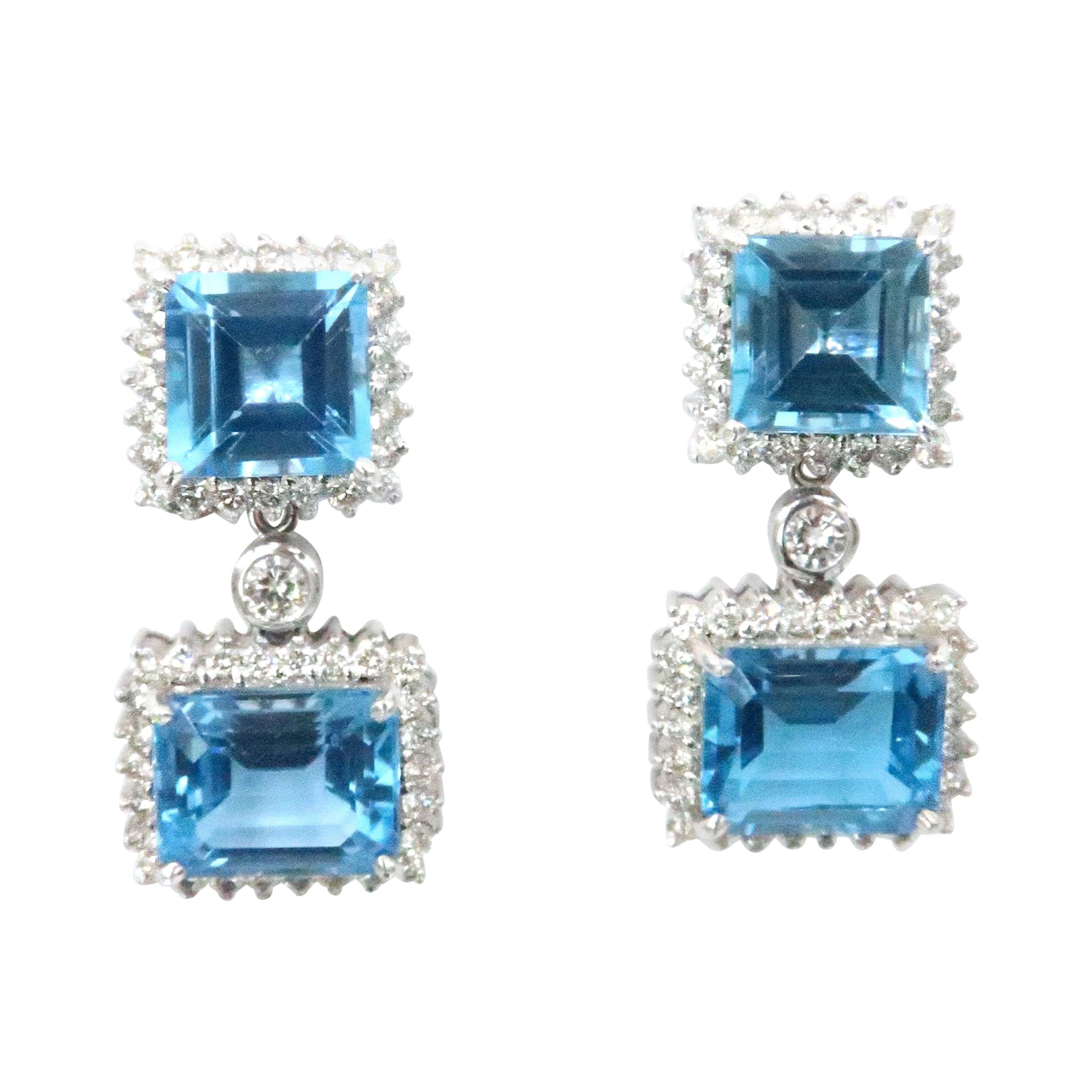 Boon Detachable Swiss Blue Topaz Square Rectangular Diamond Stud Dangle Earrings