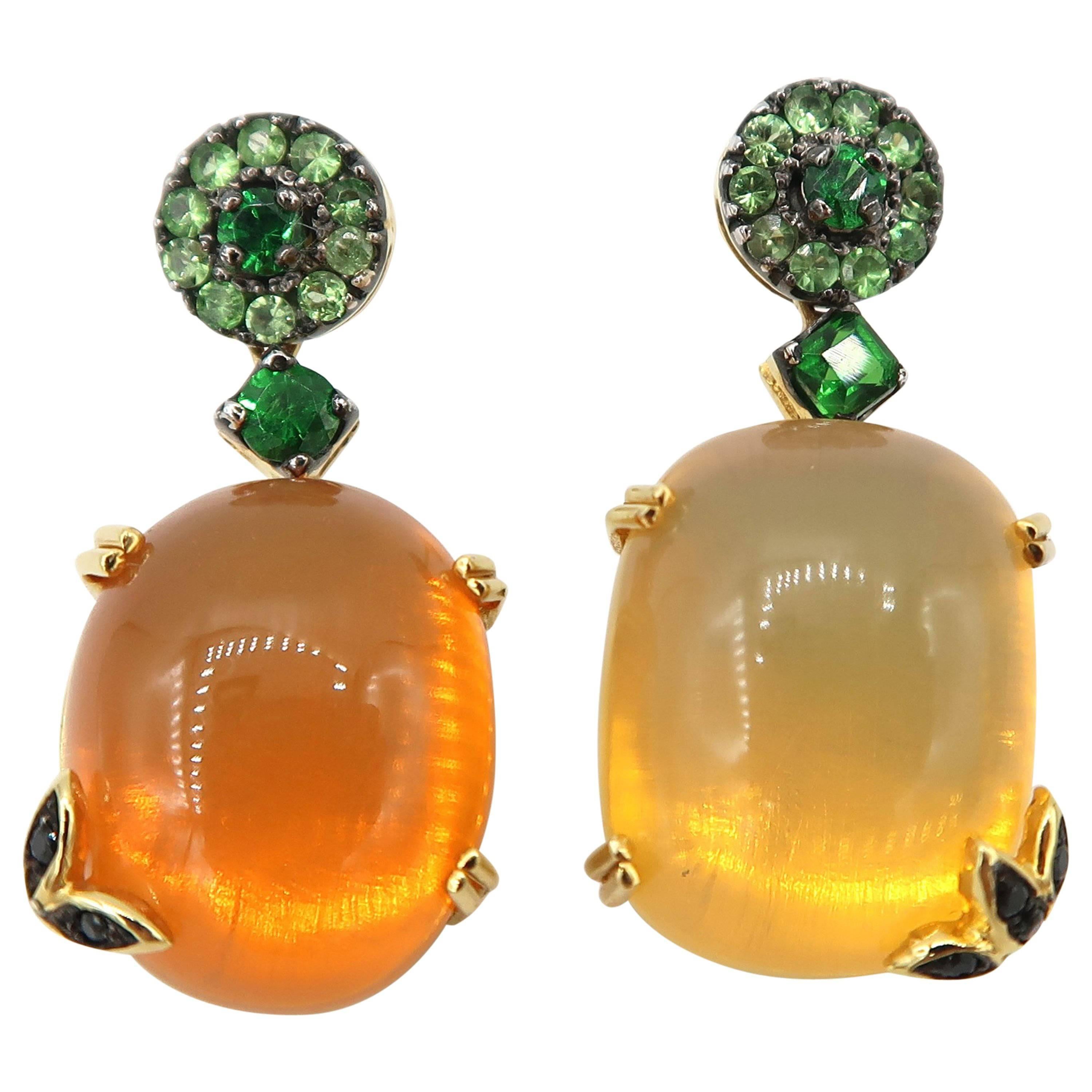 BOON Fire Opal Earrings Tsavorite Yellow Gold Black Diamond