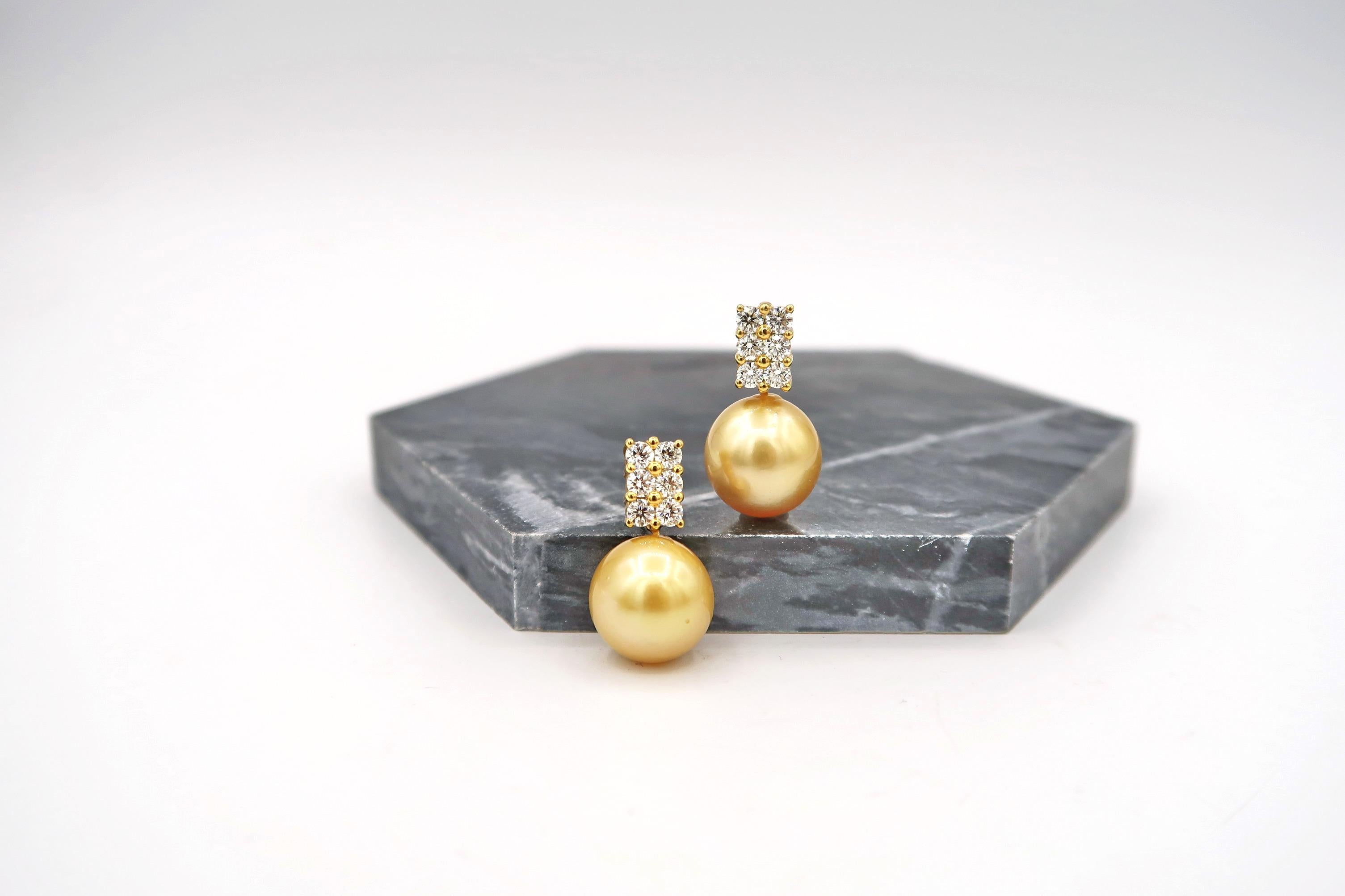 Brilliant Cut BOON Gold South Sea Pearl with 2 Rows of Diamonds Earrings in 18K Yellow Gold For Sale