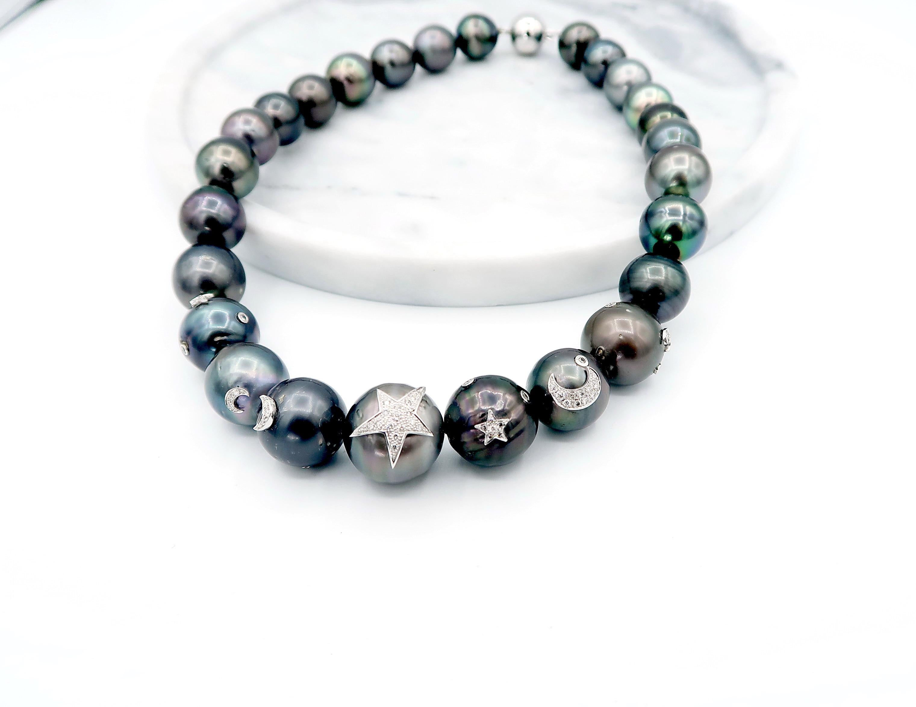 BOON Large Tahitian Pearl Necklace with Diamond Star & Moon 18K White Gold Embellishment

Length: 17.5