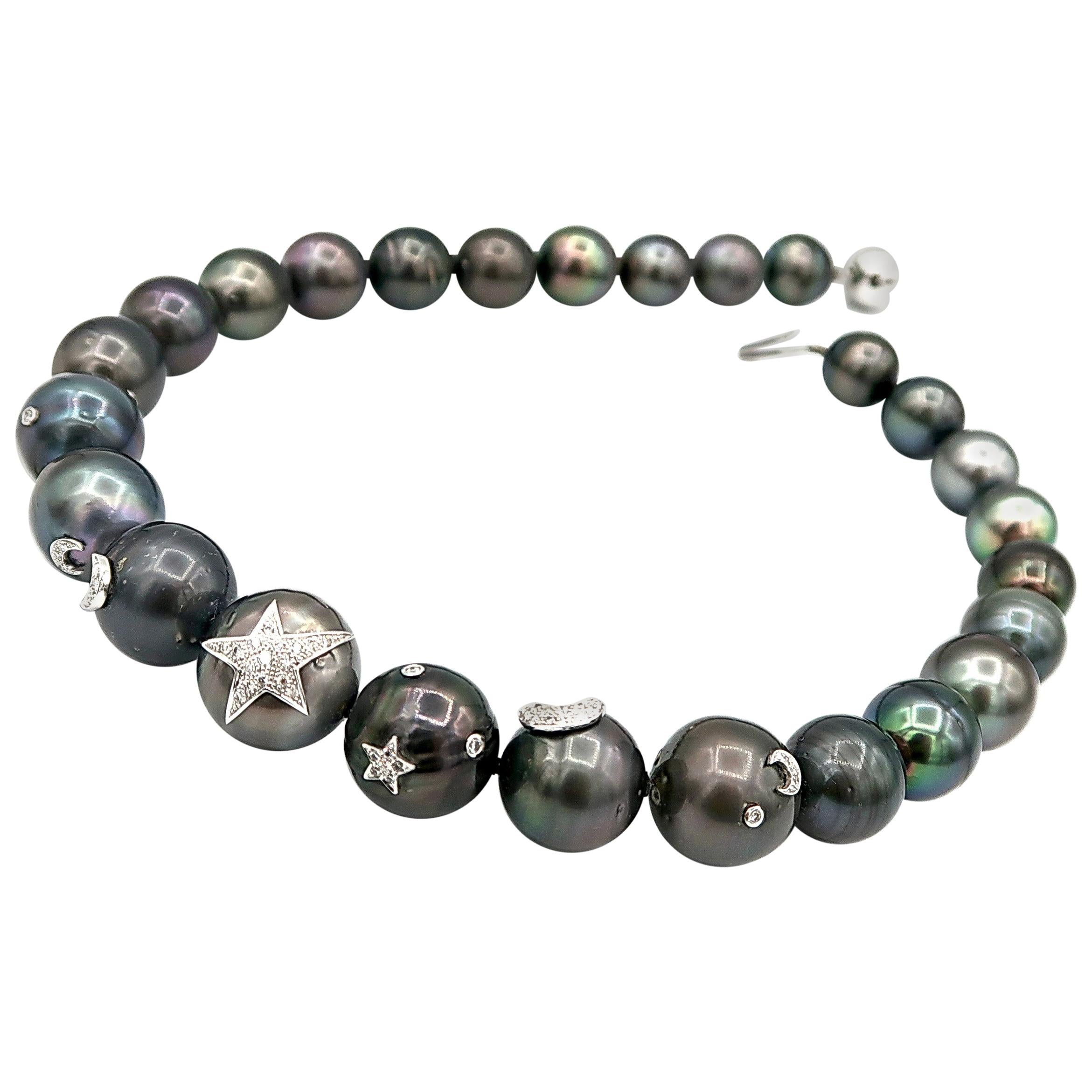 BOON Large Tahitian Pearl Necklace w/ Diamond Star & Moon 18K Gold Embellishment For Sale