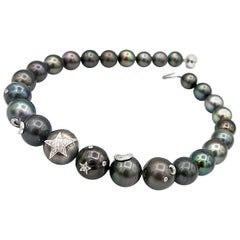 BOON Large Tahitian Pearl Necklace w/ Diamond Star 
Moon 18K Gold Embellishment