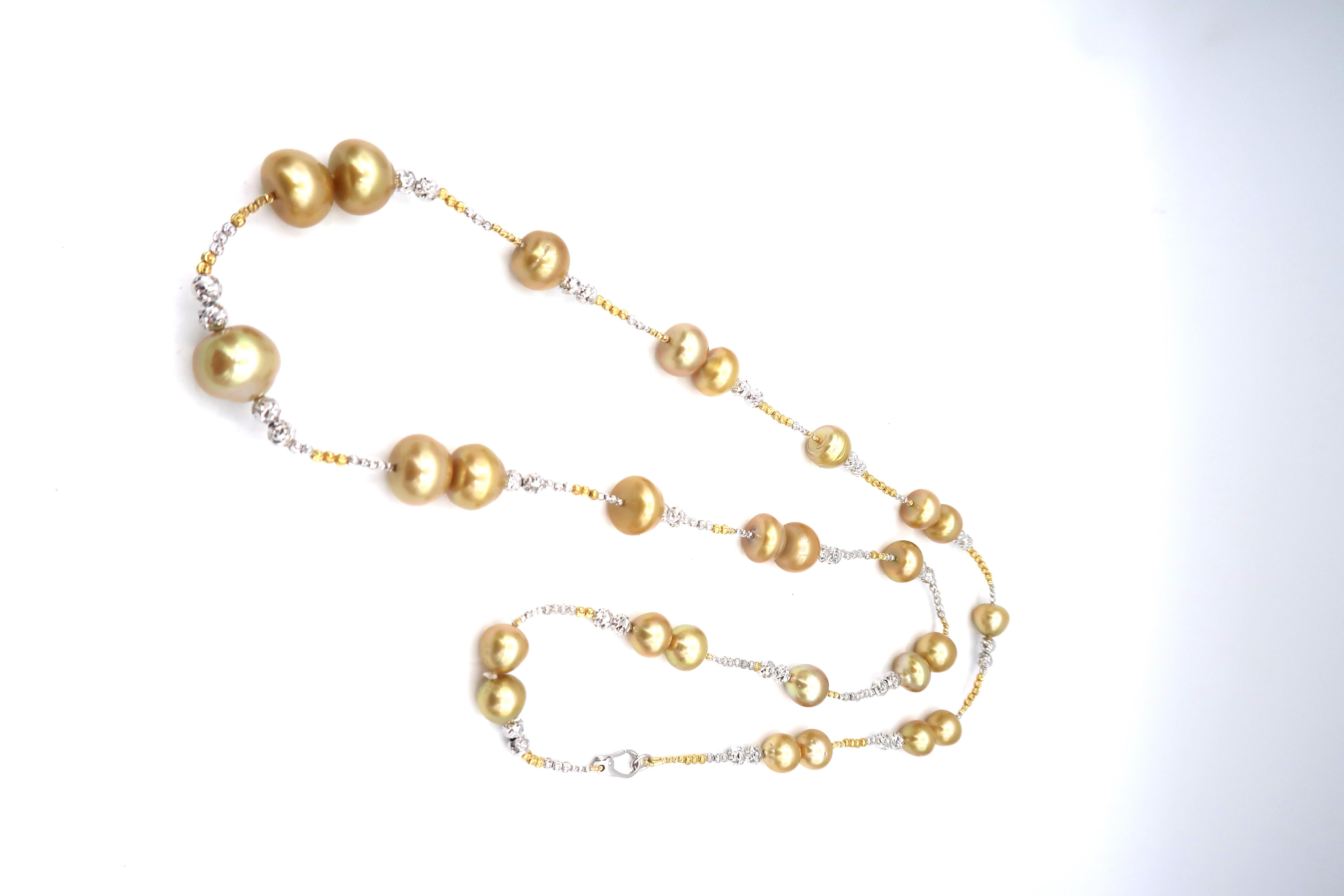 Uncut Boon Long Strand Gold South Sea Pearl Necklace For Sale