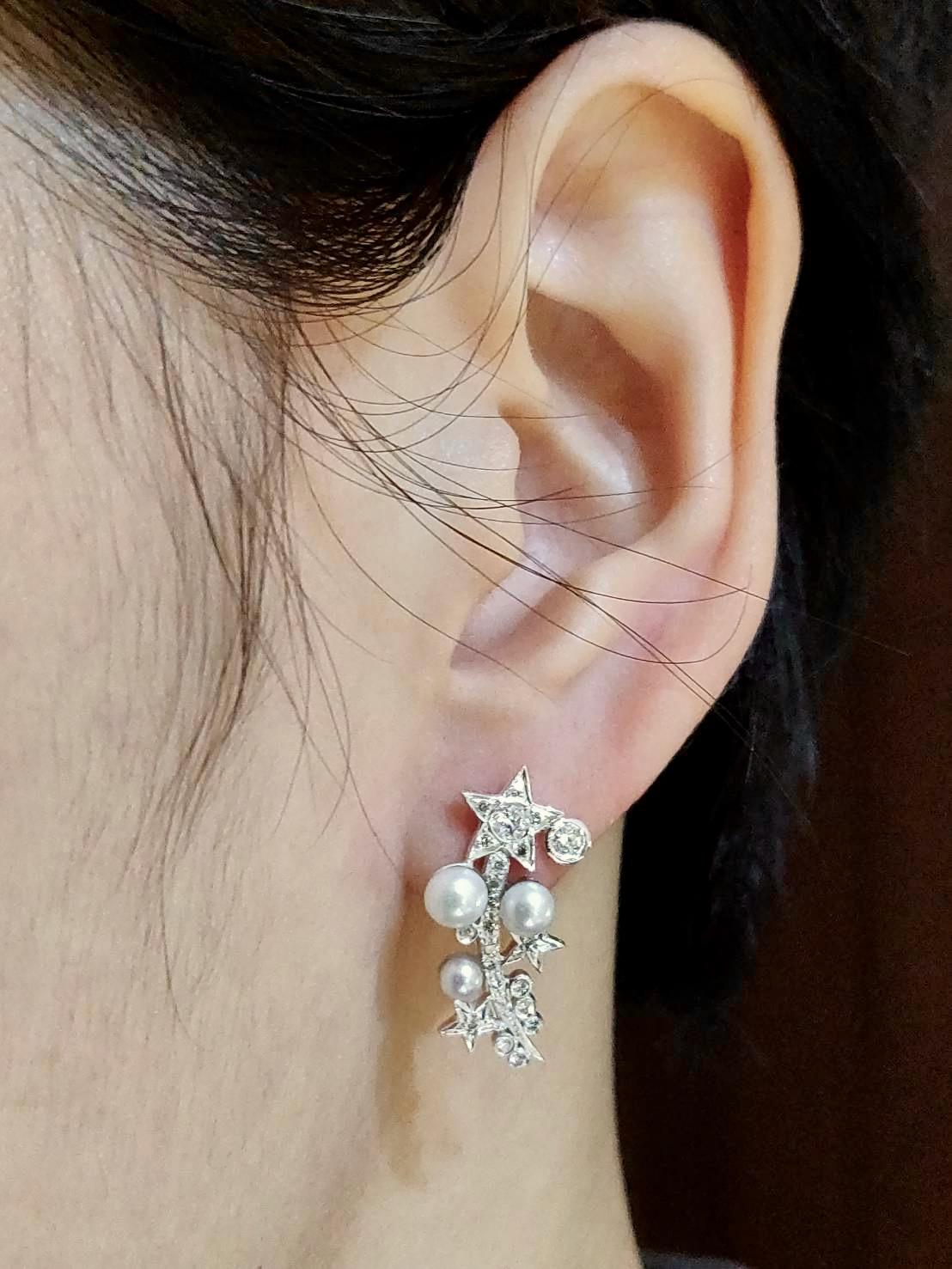 These starry earrings portray a bright star moving swiftly in space full of sparkling stars and pearly planets.

The earrings can be worn traditionally like little dangle earrings or in middle of the lobes along antitragus away from the edge.

Gold: