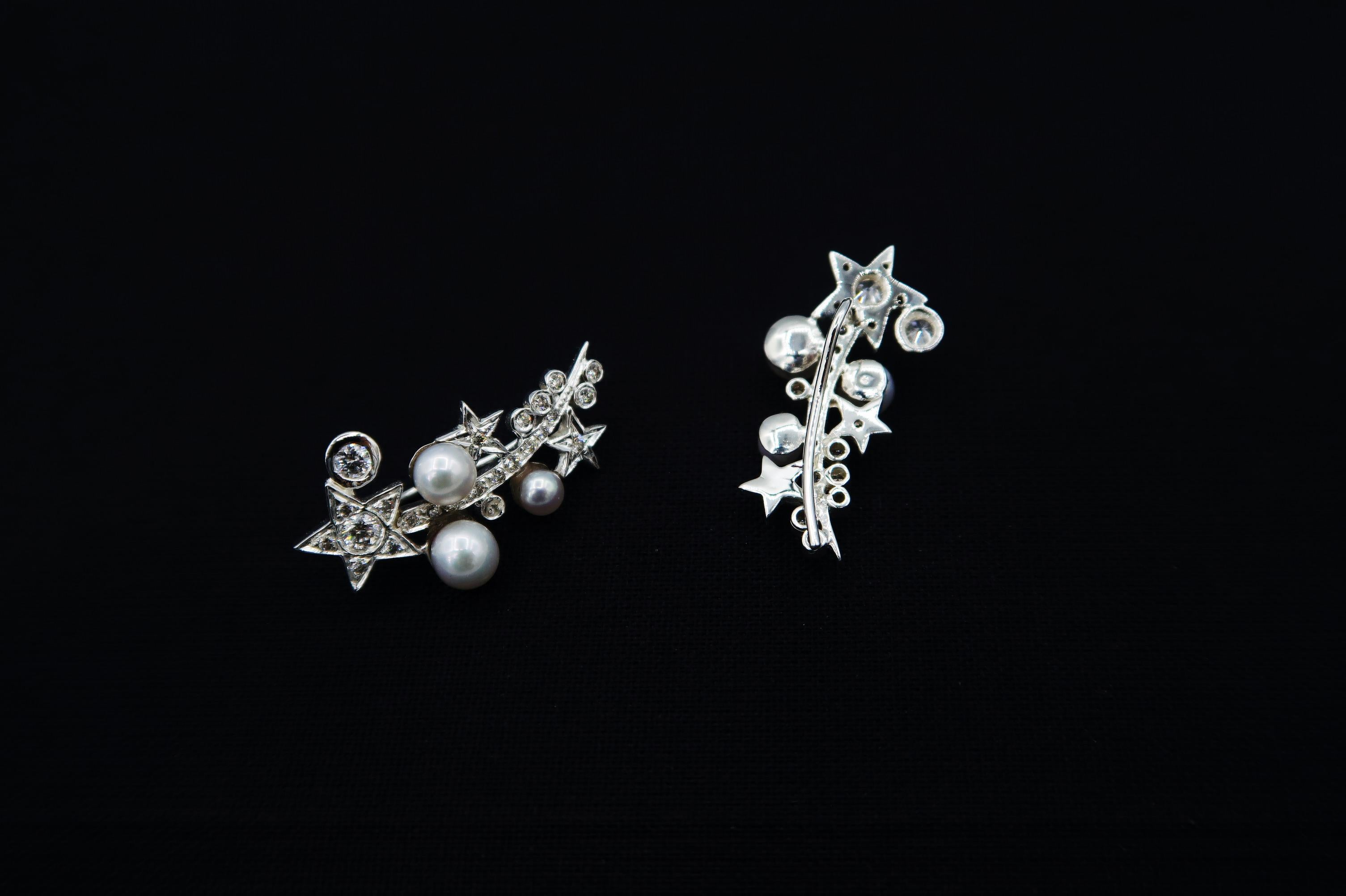 Contemporary BOON Moving Across the Starry Pearly Sky Diamond 18k Gold Ear Cuff Earrings For Sale