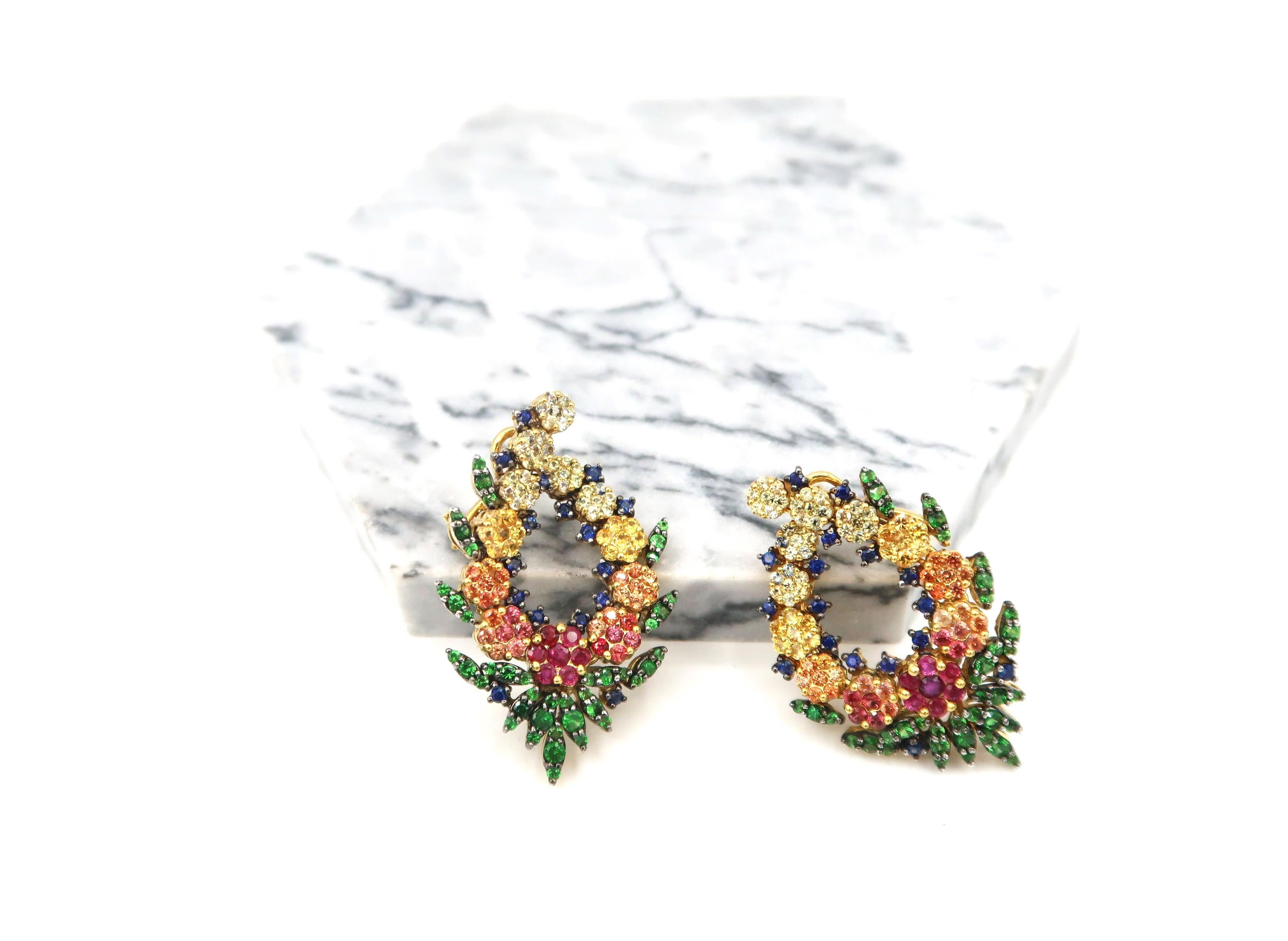 No Diamond Multi-Color Sapphire Ruby Flower Wreath Gold Clip-On Earrings 5
