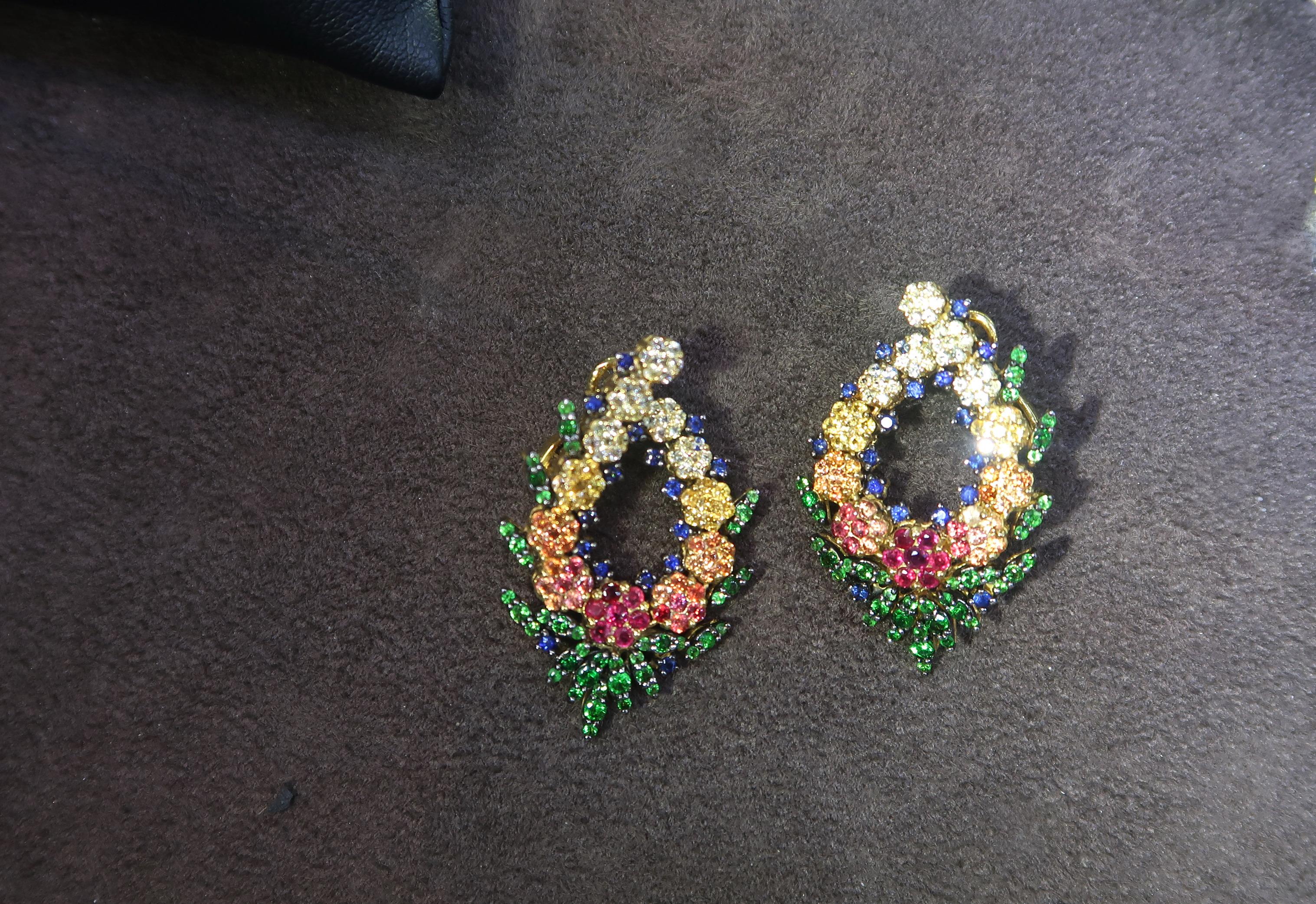 No Diamond Multi-Color Sapphire Ruby Flower Wreath Gold Clip-On Earrings 6