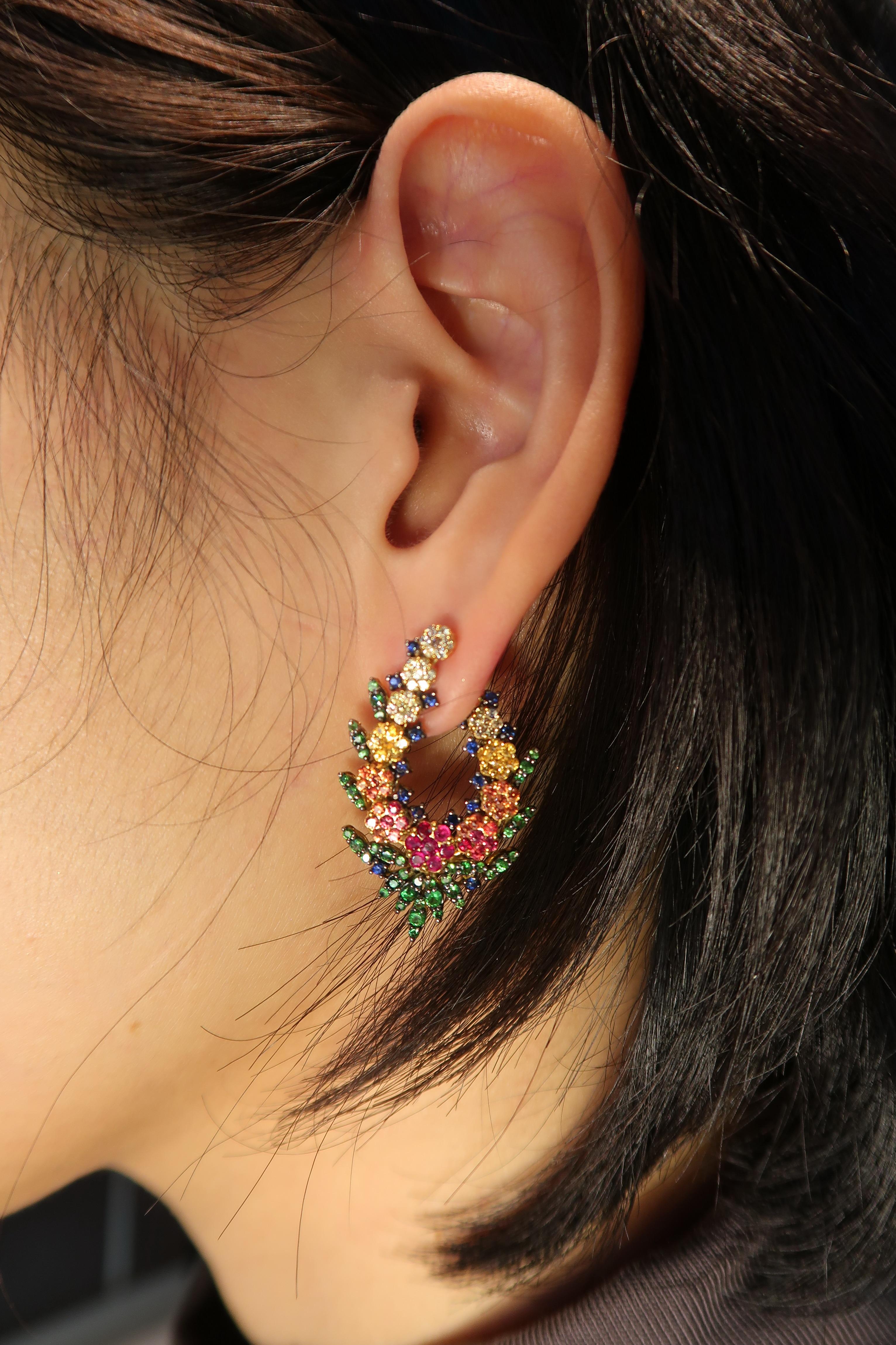 No Diamond Multi-Color Sapphire Ruby Flower Wreath Gold Clip-On Earrings 7