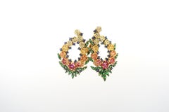 No Diamond Multi-Color Sapphire Ruby Flower Wreath Gold Clip-On Earrings